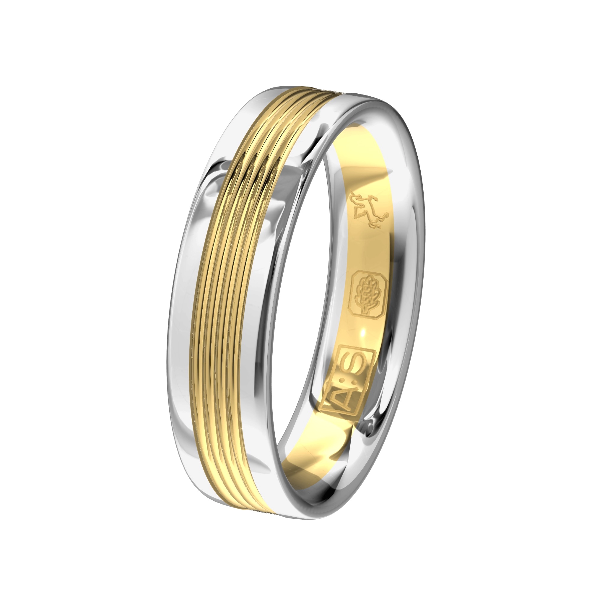 De geelgouden baan is voorzien van fijne lijntjes en wordt aan beide zijden omringd door glanzende Argentium banen.