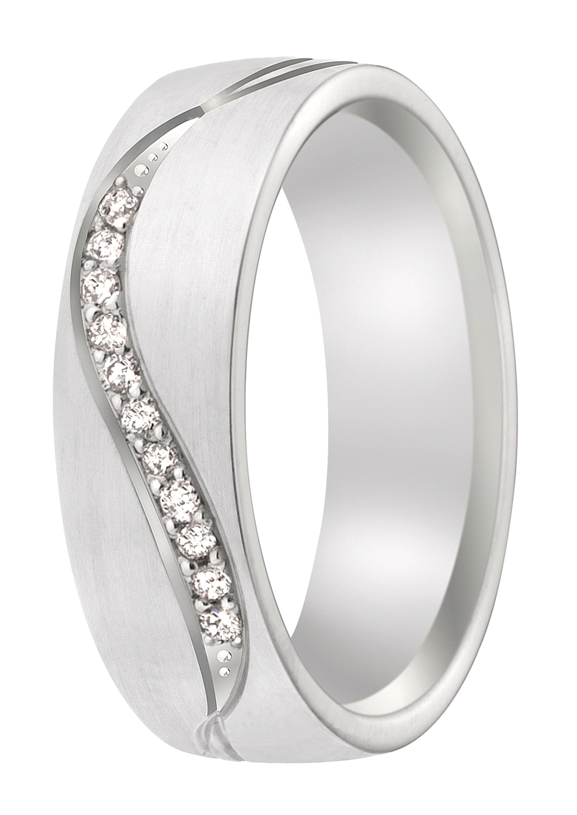 Prachtige tijdloze, witgouden ringen. Onze goudsmeden hebben in het lijnenspel van de damesring maar liefst elf briljanten geplaatst.