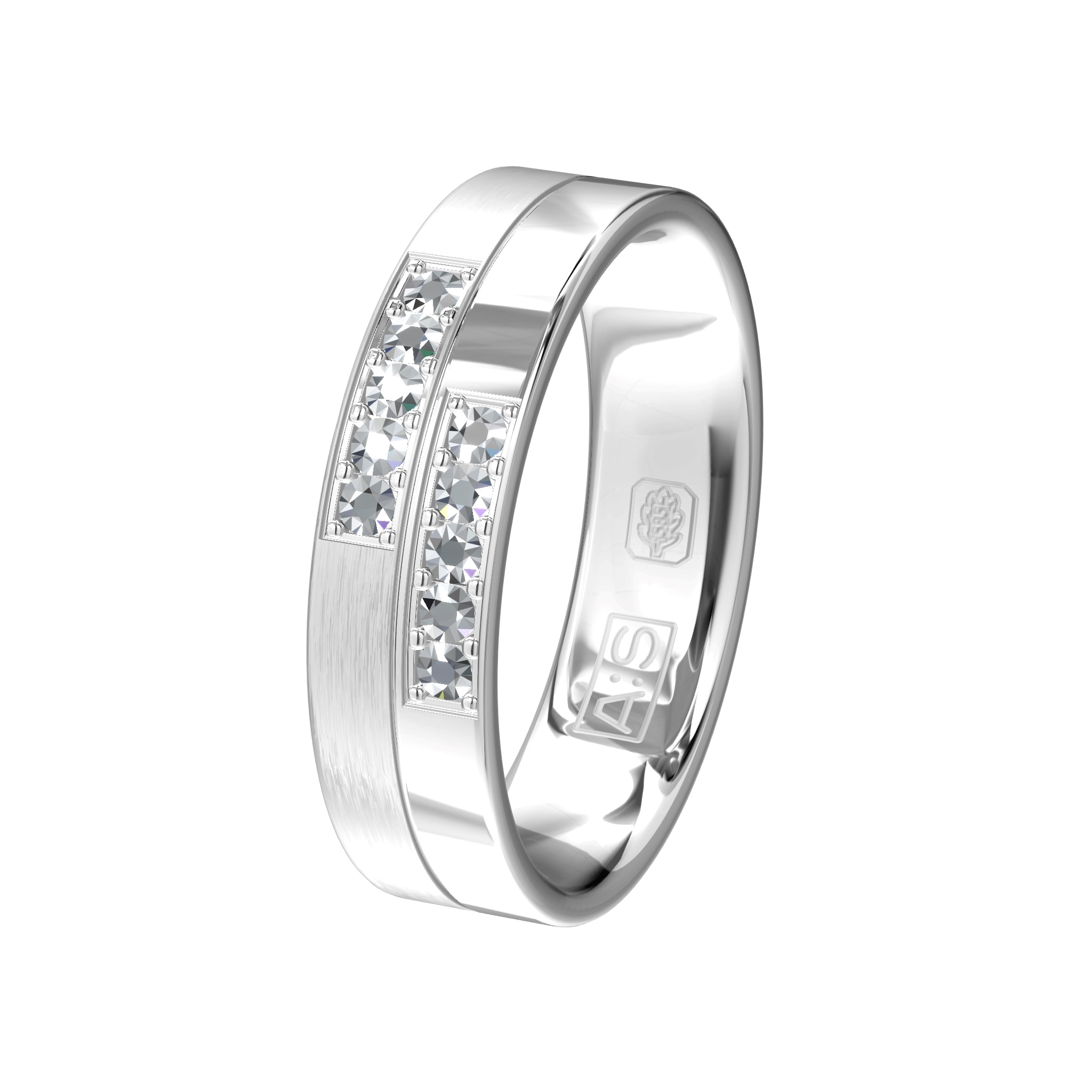 Een krachtige witgouden ring, een gematteerd ring met een smalle poly baan in 't midden