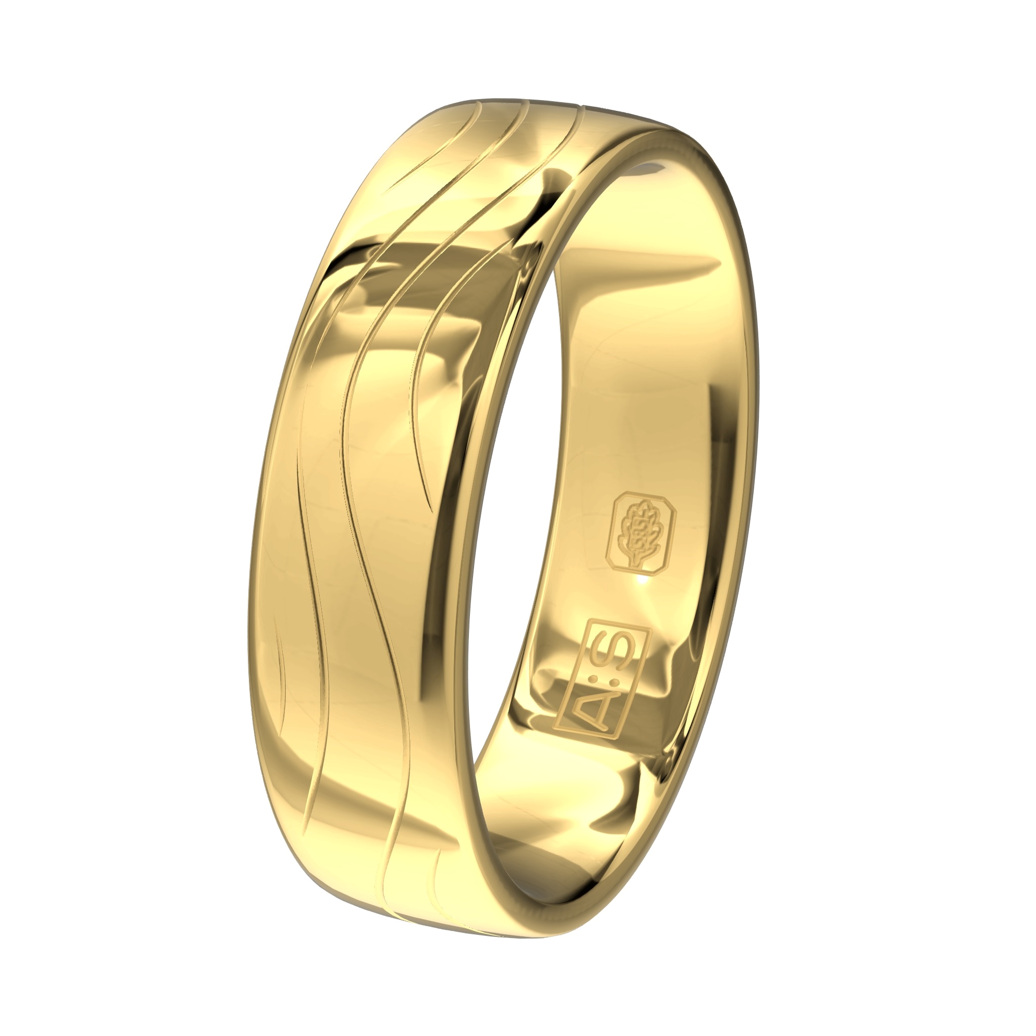 Een geelgouden ring met een prachtig golvend lijnenspel.