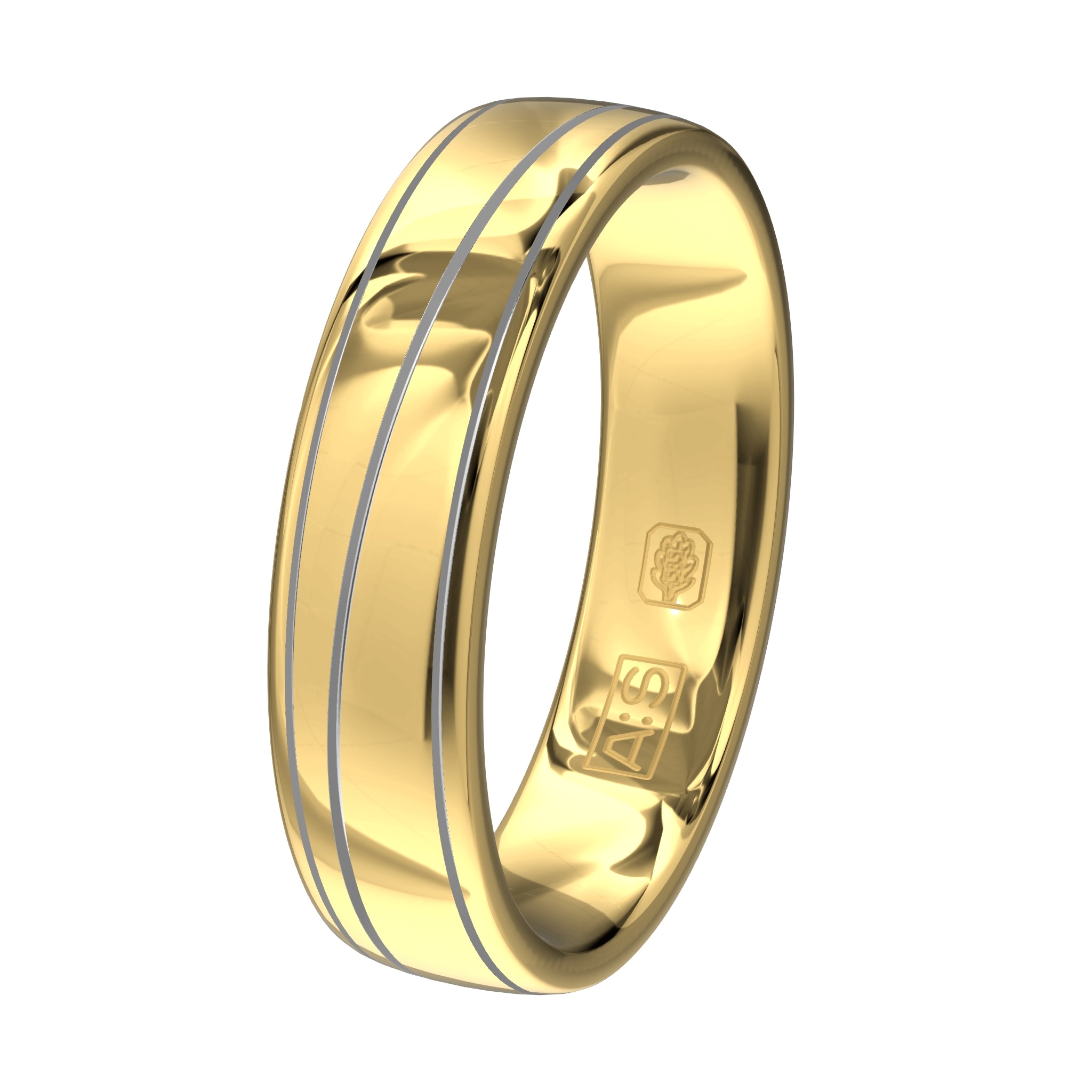 Mat en glanzend gepolijste bicolor ringen. Op de damesring sieren drie briljanten in al hun pracht!