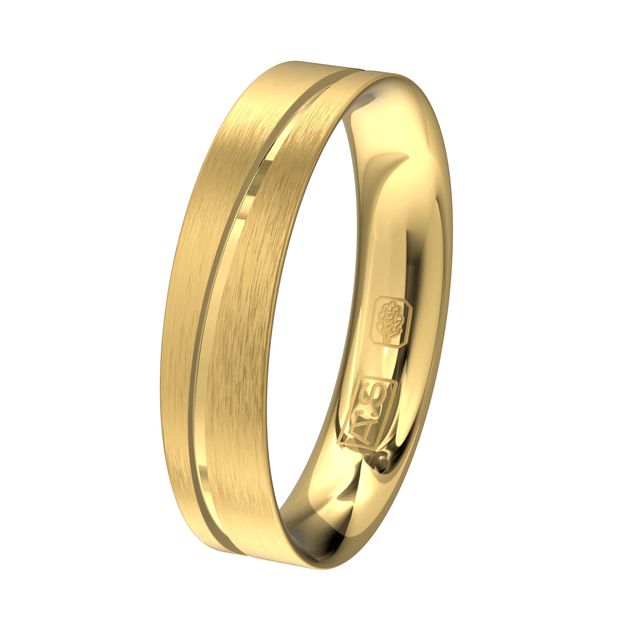 Deze gematteerde geelgouden ring is voorzien van een mooie, glanzende, diagonale verlaagde baan.