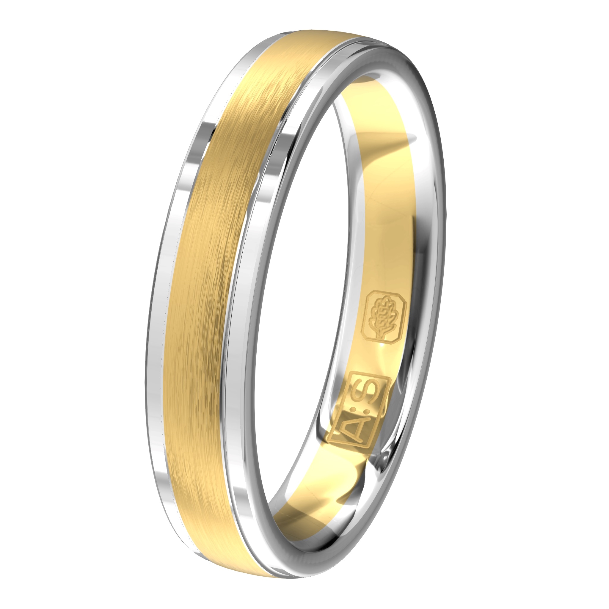 Deze ring is spannend door de afwisseling, glanzend en ijsmat, geelgoud en witgoud, brede baan en smalle baantjes