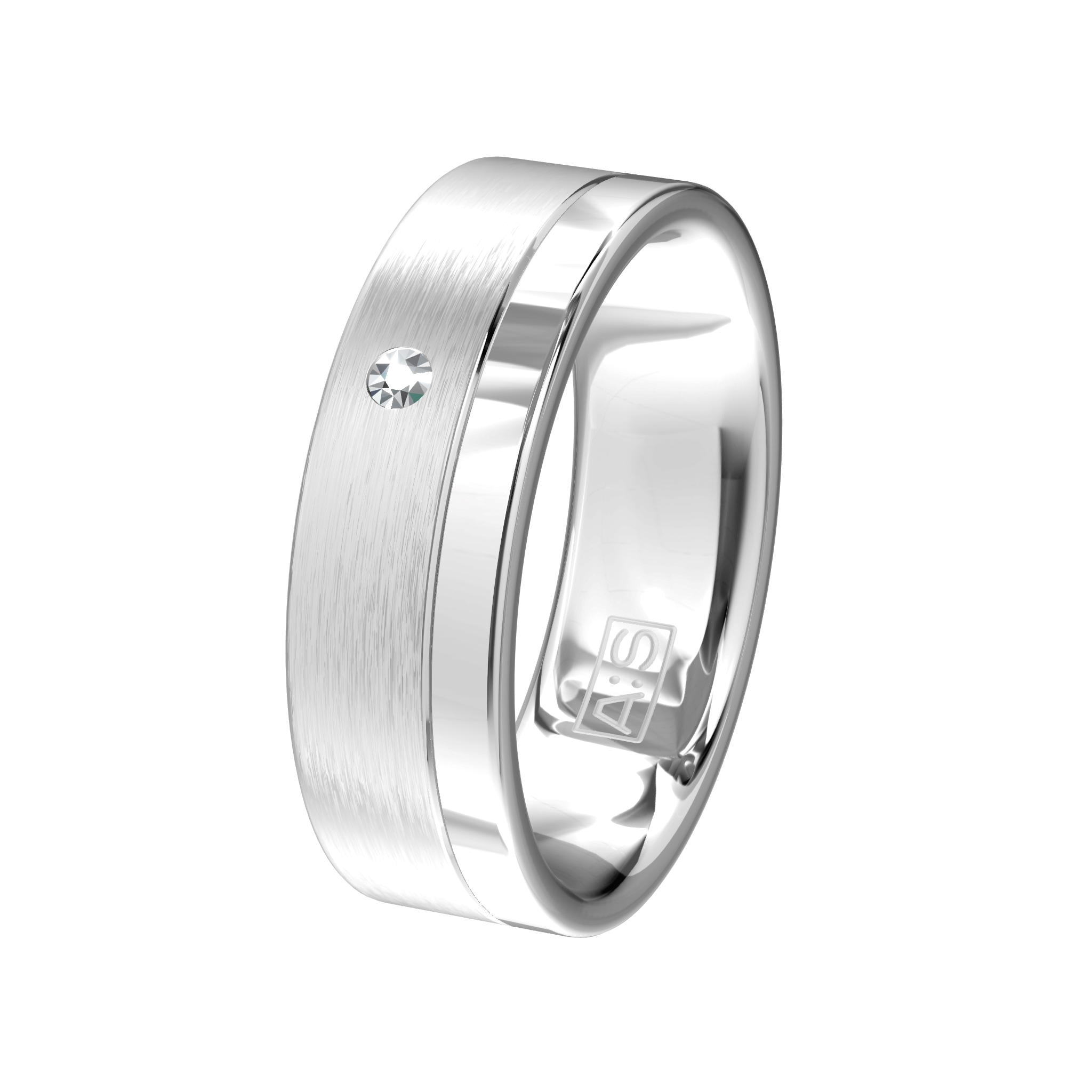 Gladde, strakke ringen. De damesring is voorzien van 1 briljant. Deze ringen worden beide gemaakt in zilver.