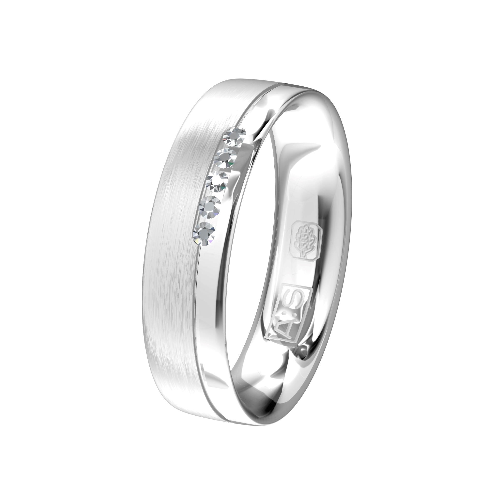 Elegant en trendy tegelijk, dat is deze prachtige witgouden ring waarin heel subtiel door onze diamantzetters vijf briljanten zijn geplaatst.