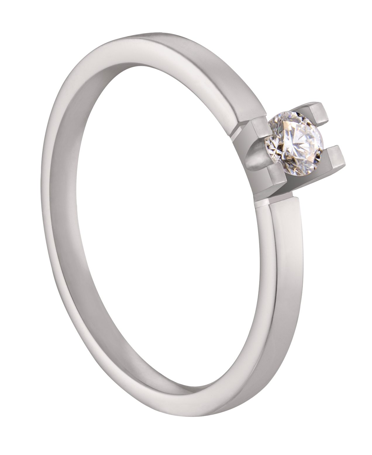 De briljant zweeft als het ware boven de ring waardoor deze in al haar facetten perfect tot uiting komt. Deze witgoud palladium versie is voorzien van een 0,15 ct. briljant.