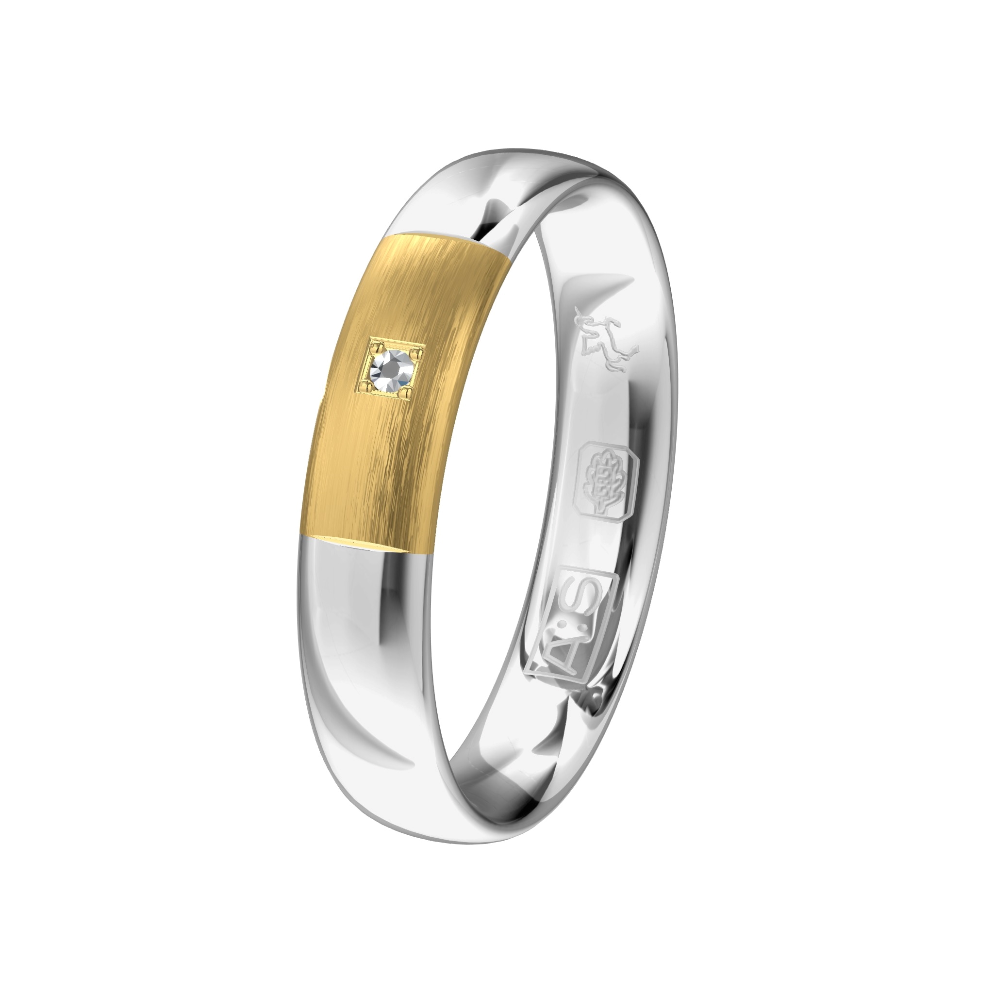 Een bolle glanzende Argentium ring met draagcomfort. Als contrast is het geelgouden deel gematteerd en daardoor springt de briljant is een vierkant gezet er nog meer uit!