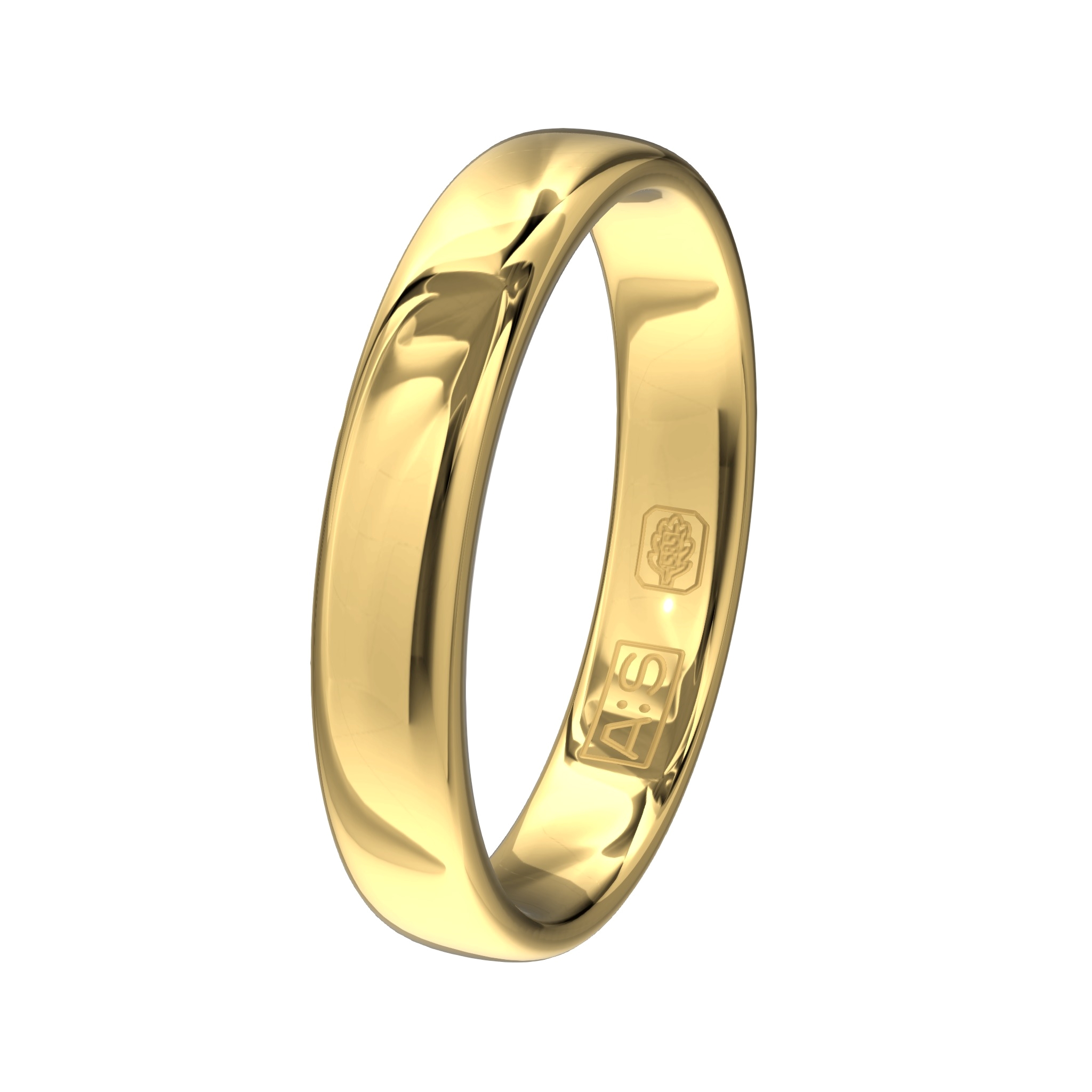 Een geelgouden ring met een bolle buitenkant, ronde zijkanten en een binnenkant die licht bol is uitgevoerd. Hierdoor heb je een verhoogd draagcomfort.