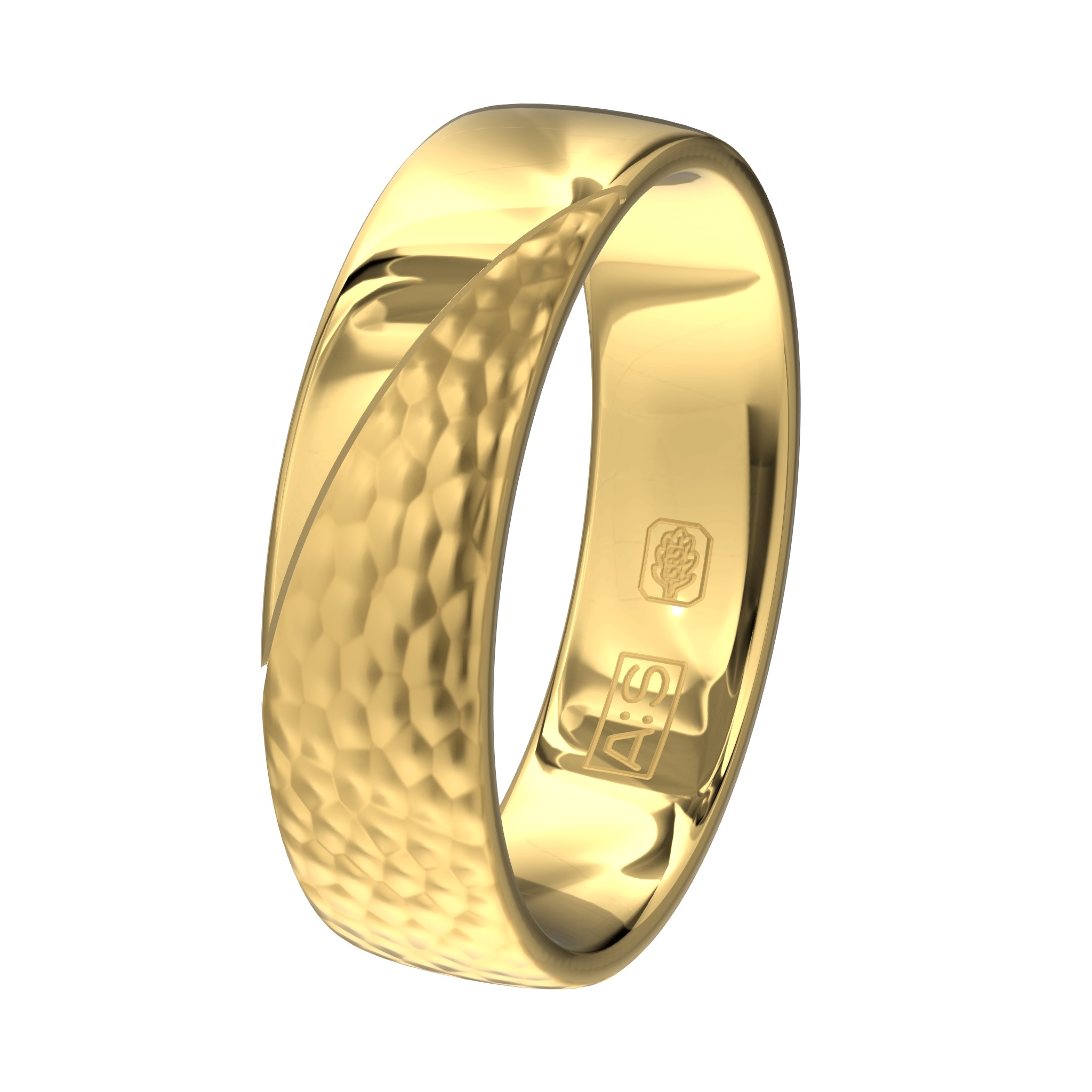 Een geelgouden trouwring voor een bruidegom met lef. Een ring met een unieke hamerslag, gecombineerd met glanzende vlakken