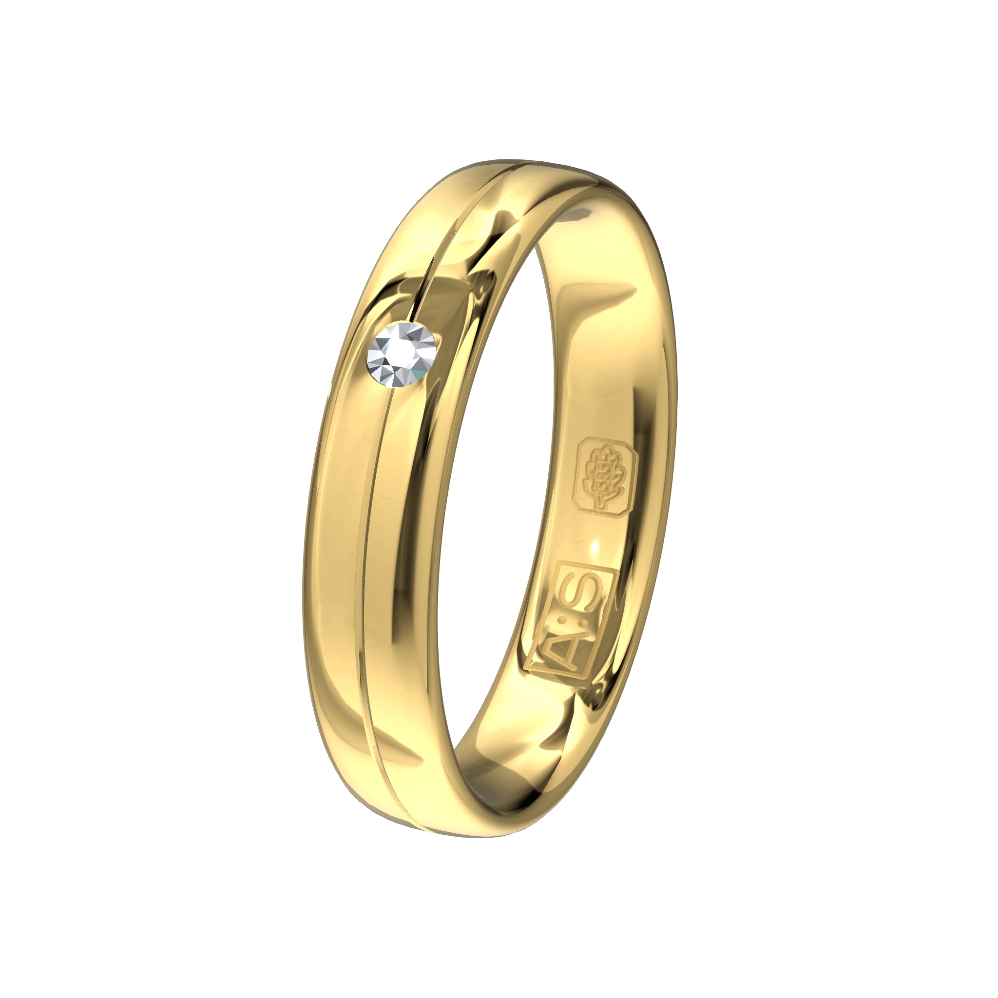 Deze klassieke geelgouden ring is voorzien van een prachtige bewerking waarin onze diamantzetters een briljant hebben geplaatst.