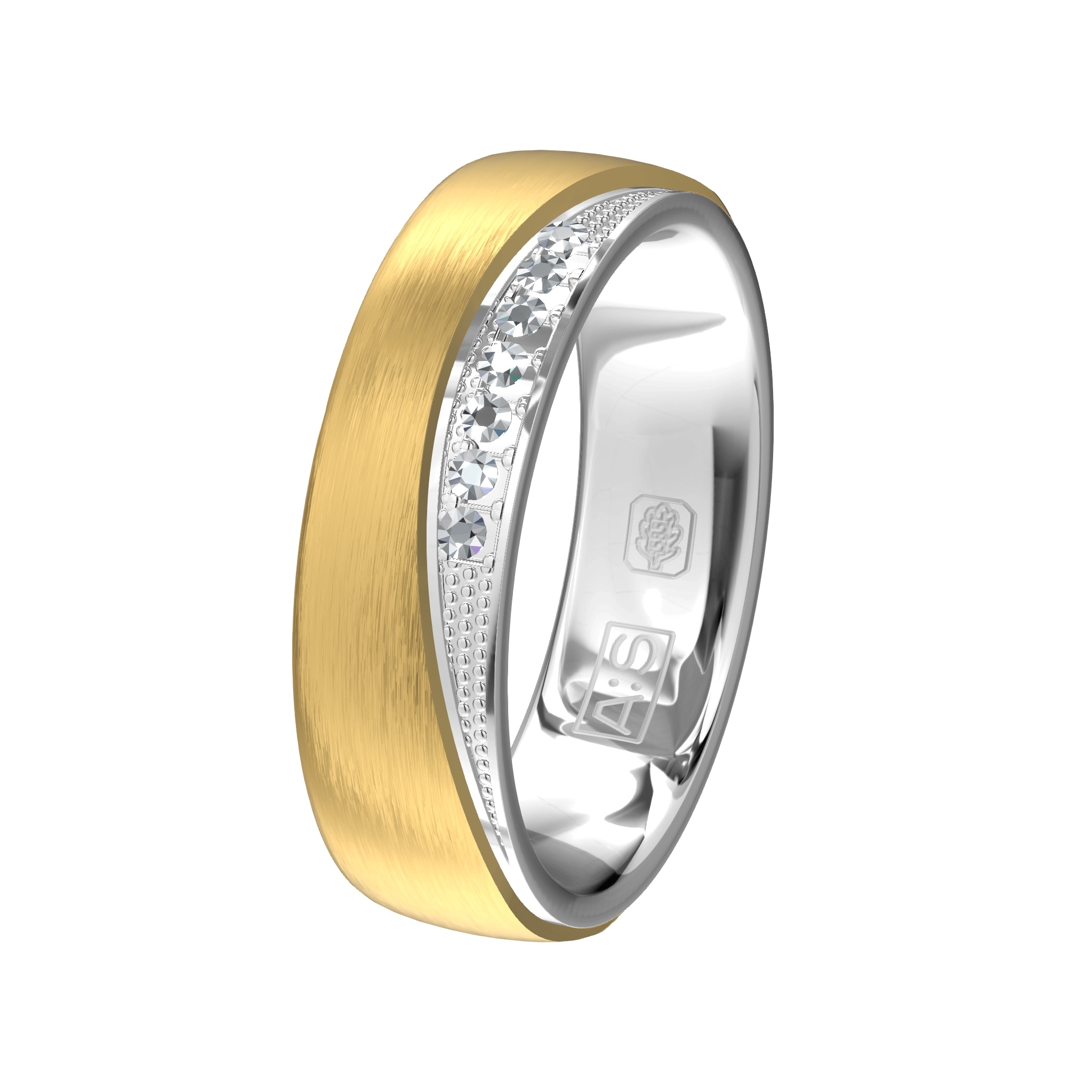 Een binnenring van witgoud en een buitenring van geelgoud, in het witgoud blinken er 7 diamanten