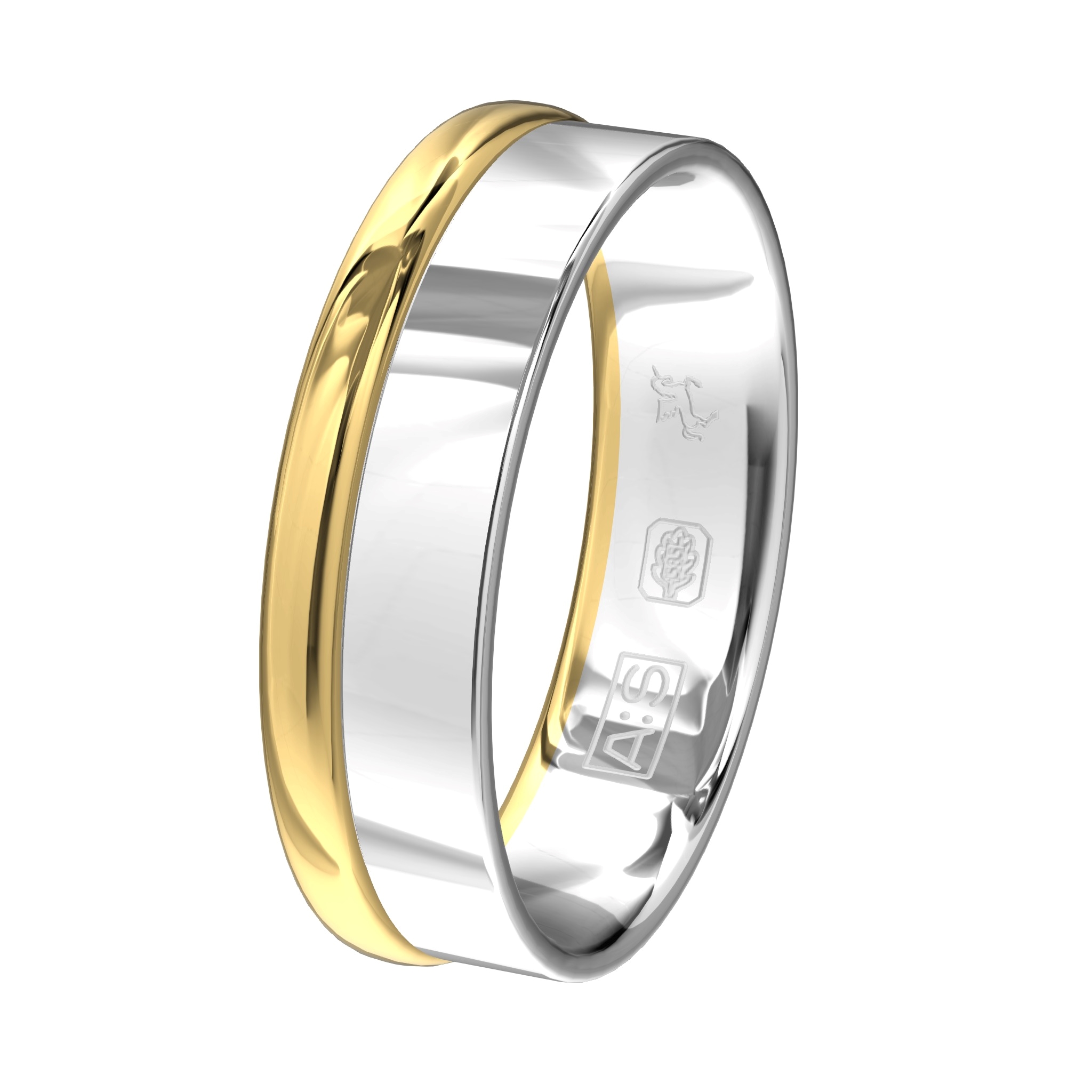 Een strakke, glanzende Argentium ring met daarnaast een subtiele bolle geelgouden rand.