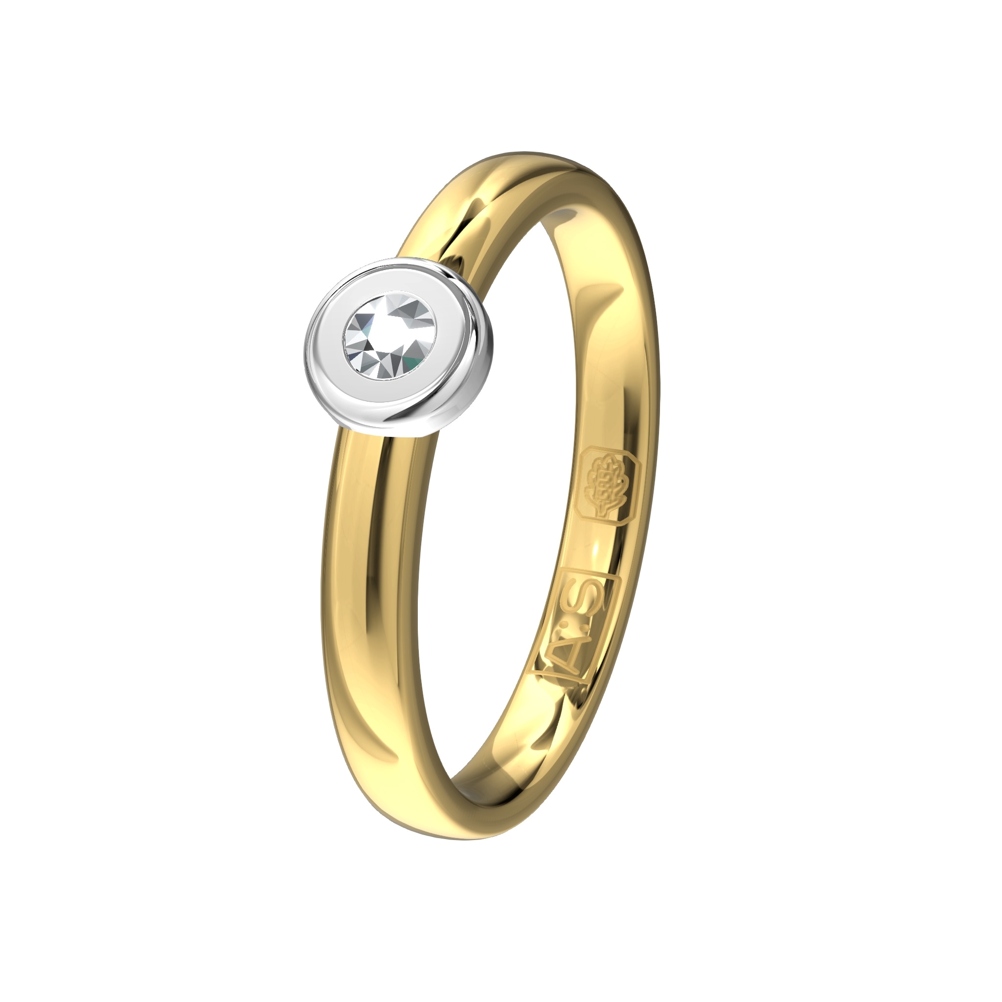 Een schitterende geelgouden solitairring met een witgouden schotelzetting waarin onze diamantzetters een briljant hebben geplaatst van 0,07 ct.