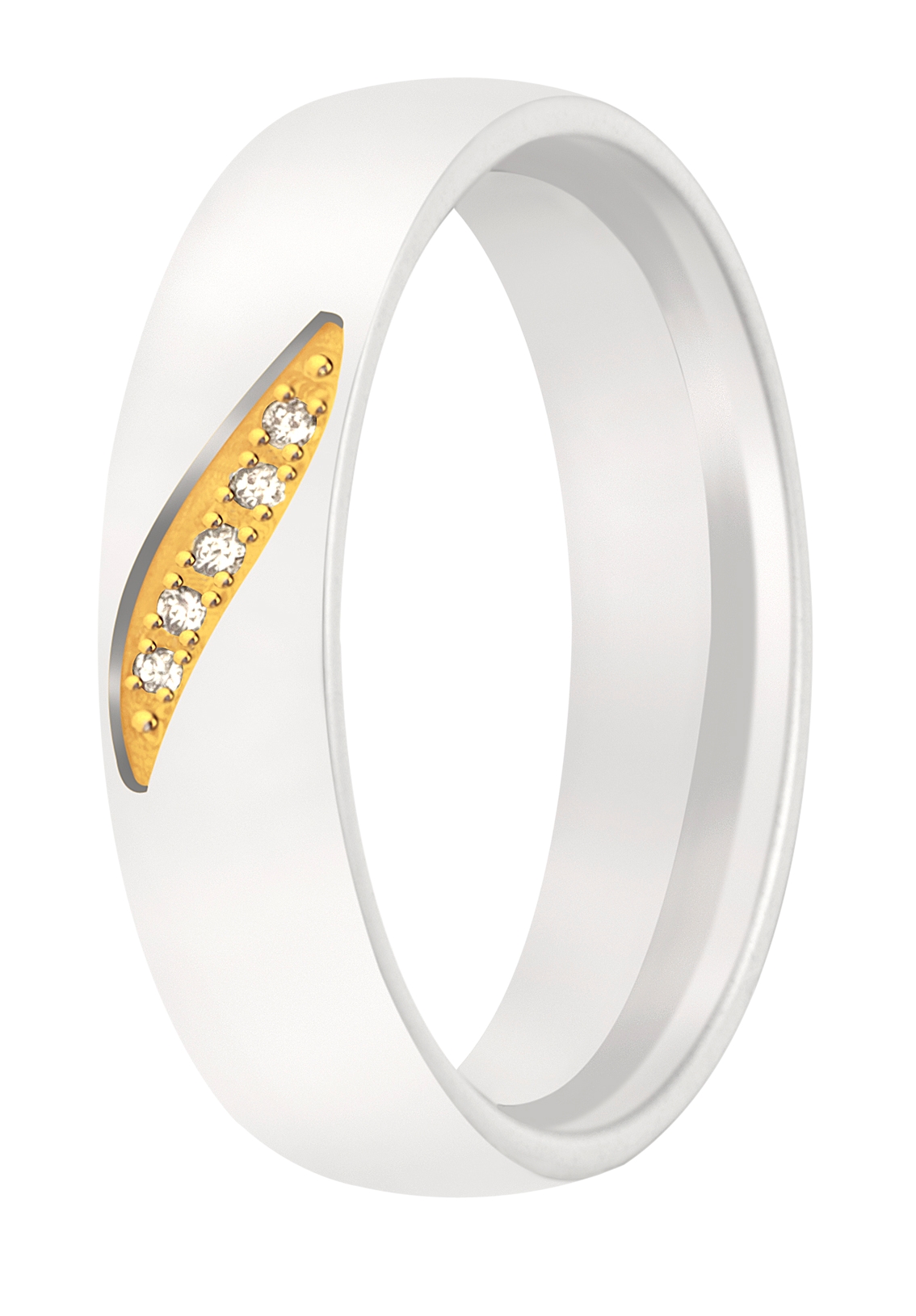 Een pracht set! Koele tinten witgoud in combinatie met een warme tint geelgoud. De damesring wordt voorzien van vijf briljanten.