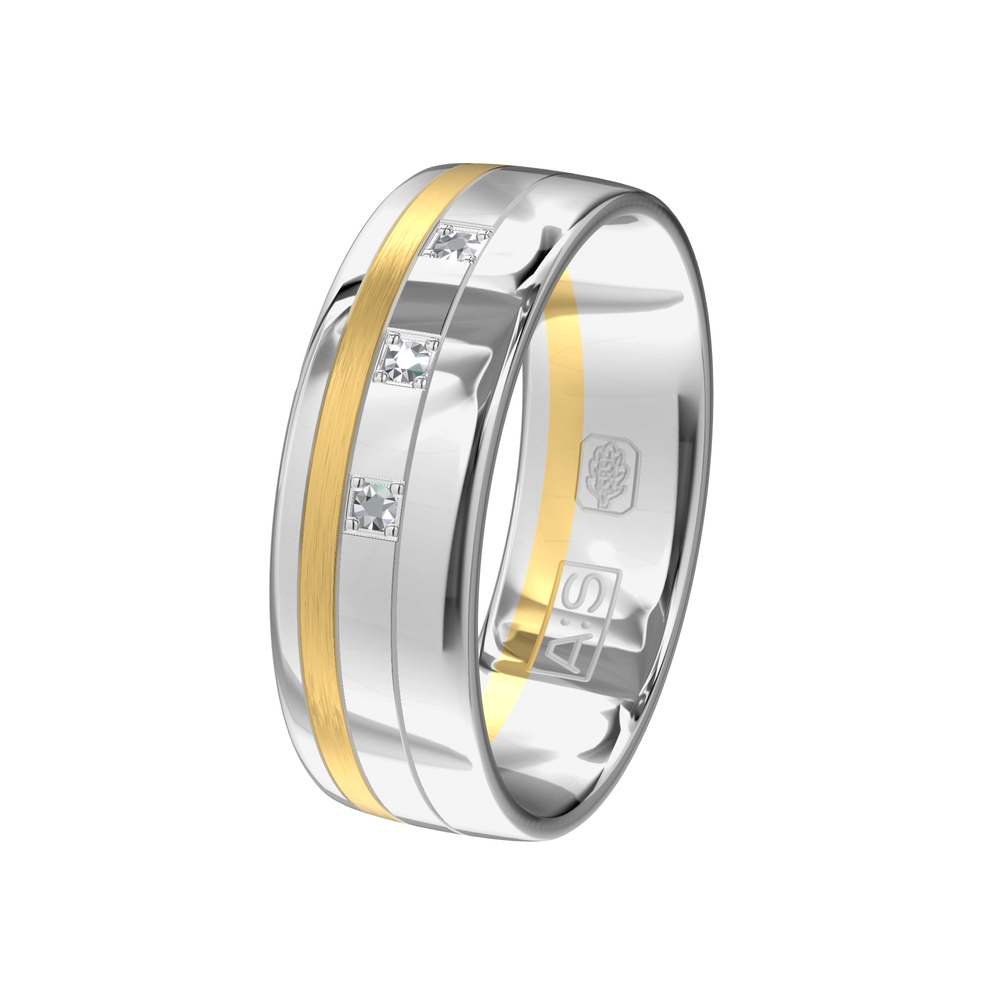 Deze bijzondere witgouden ring is voorzien van een heel dun baantje geelgoud. De drie briljanten maken deze ring tot een waar plaatje!