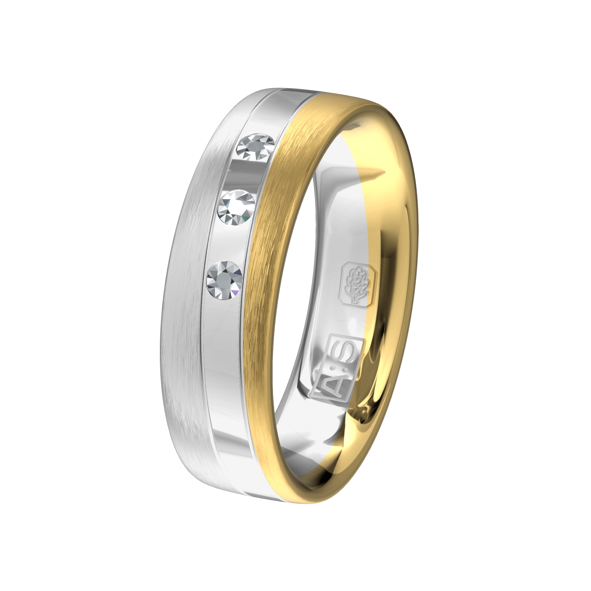 Stoere en toch elegante ring in geel- en witgoud met 3 fonkelende briljanten voor een mooie uitstraling