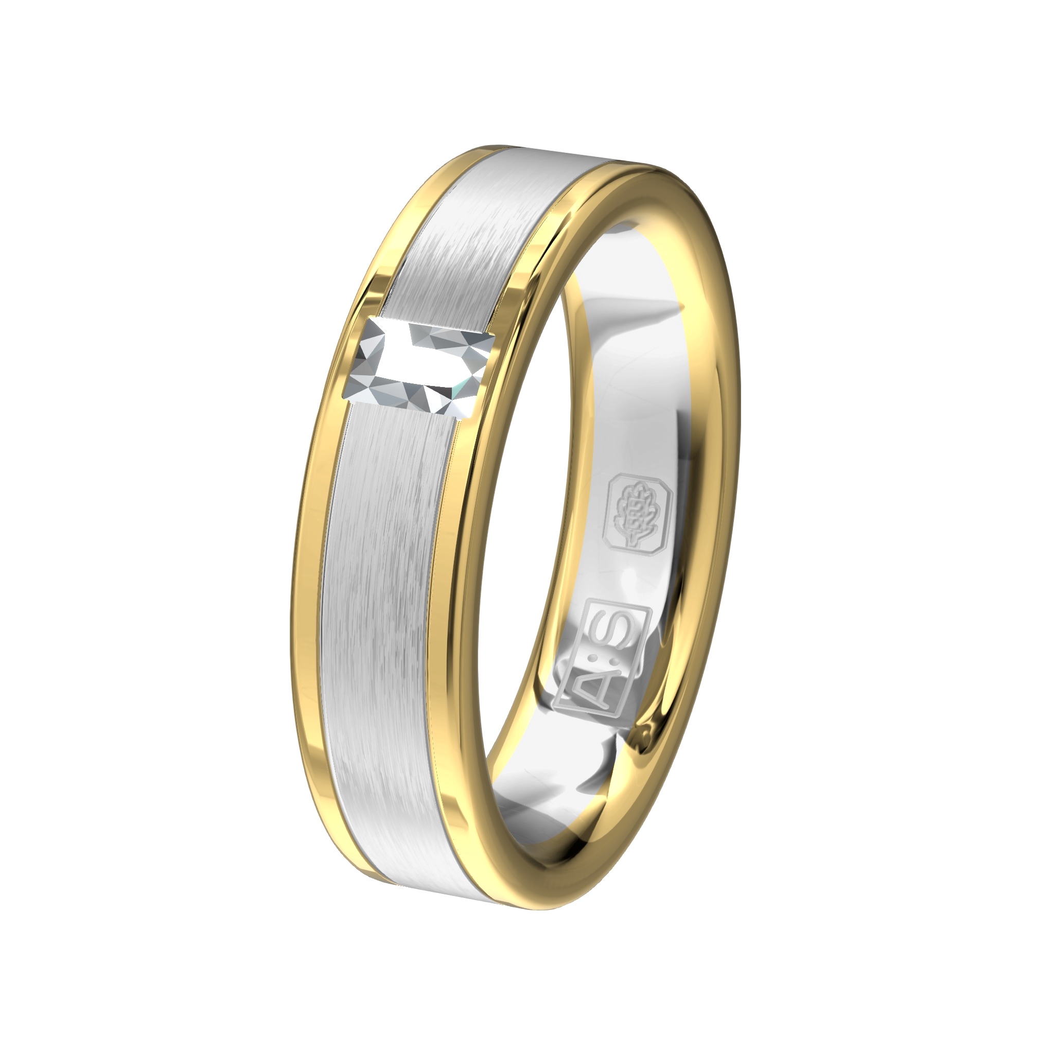 De baguette in deze ring is een absolute eyecatcher in deze bicolor ring