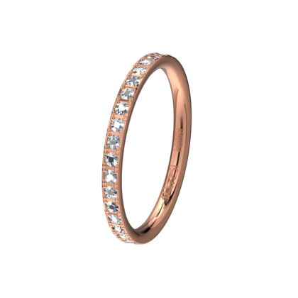 Deze elegante rosegouden aanschuifring is rondom vol gezet met briljanten en vormt een perfecte combinatie met bijvoorbeeld een witgoud palladium memoirering.
