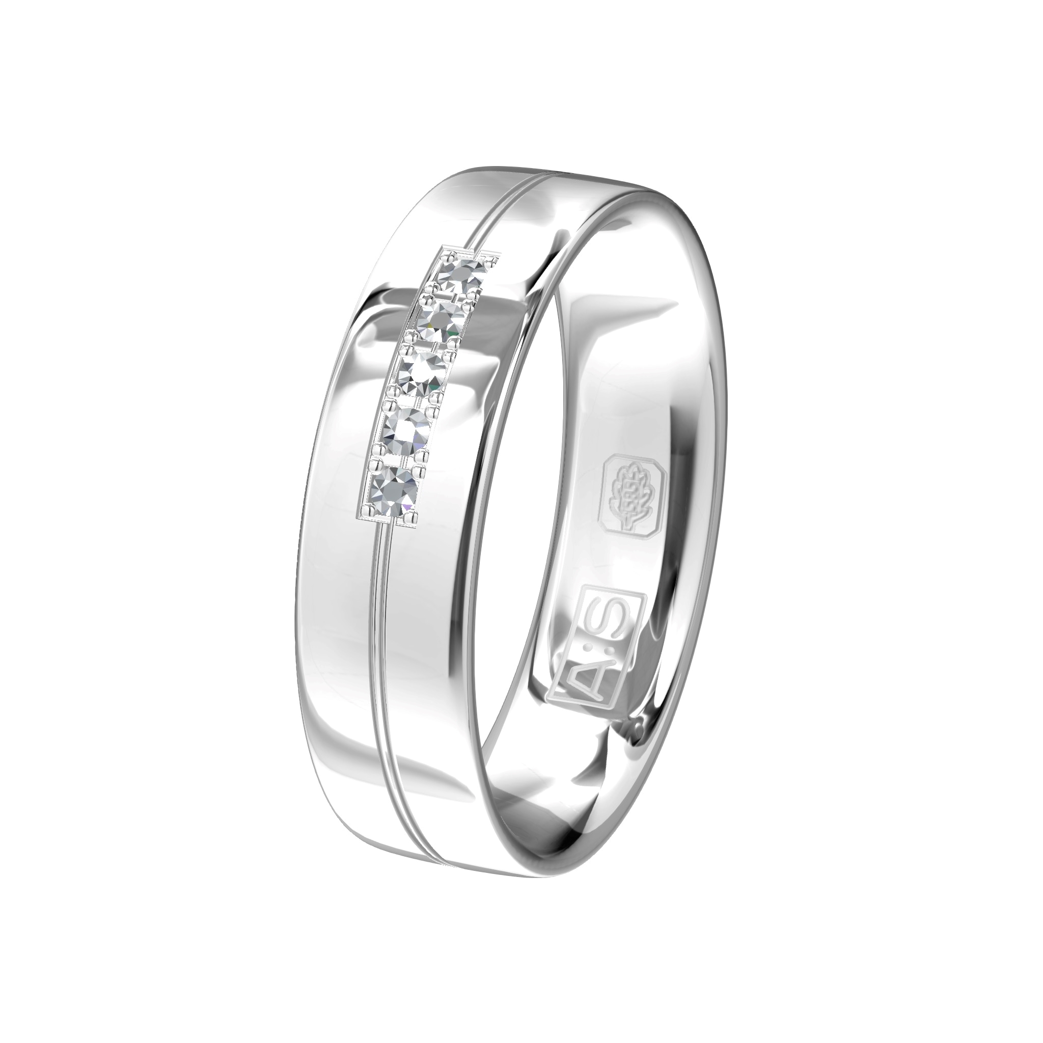 Deze sierlijke witgouden ring is door onze diamantzetters voorzien van vijf elegante briljanten.