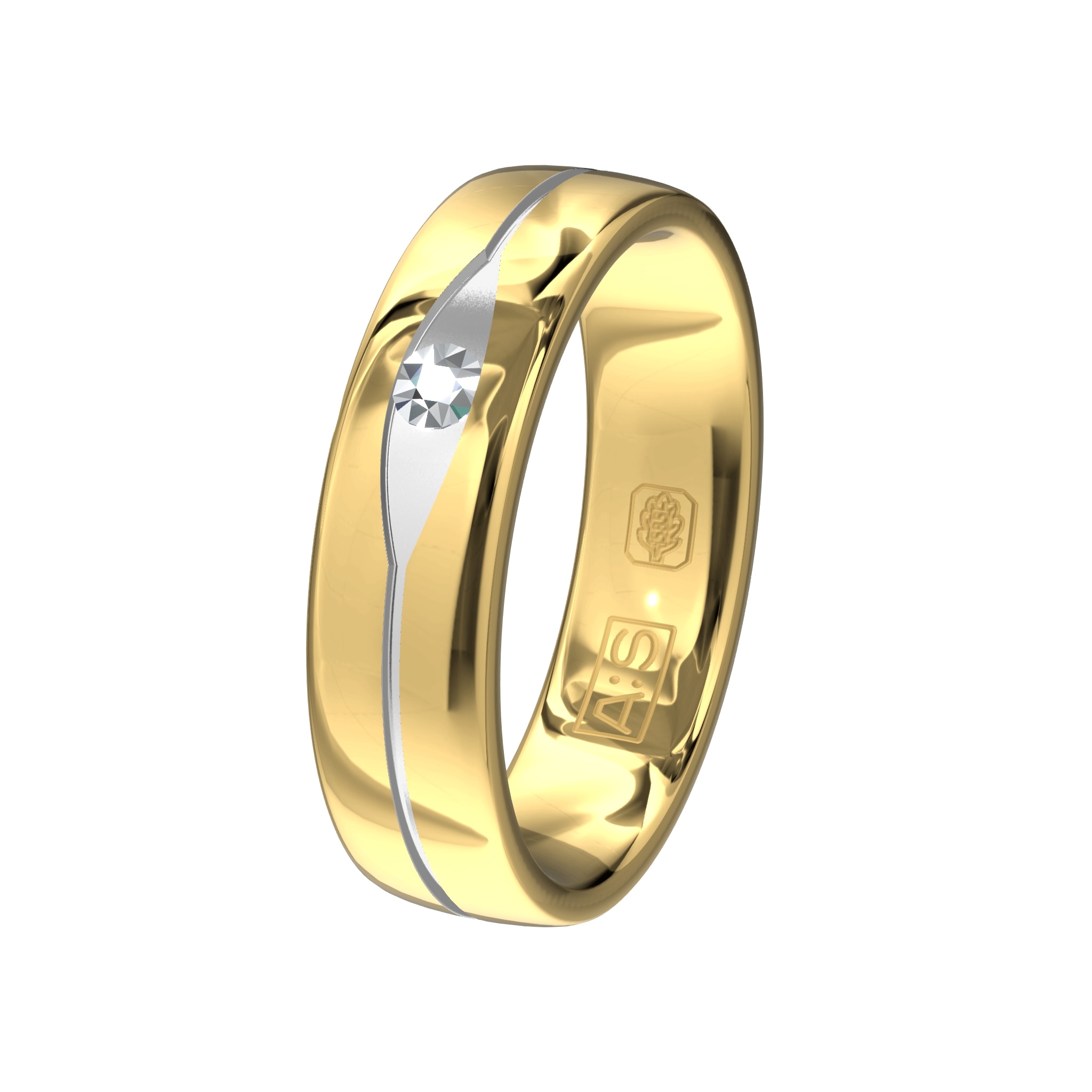 Mat en glanzend geelgoud wisselen elkaar af in deze schitterende creatie waarbij onze goudsmeden het matte deel voorzien hebben van een witte look waardoor de briljant nog meer kan schitteren.