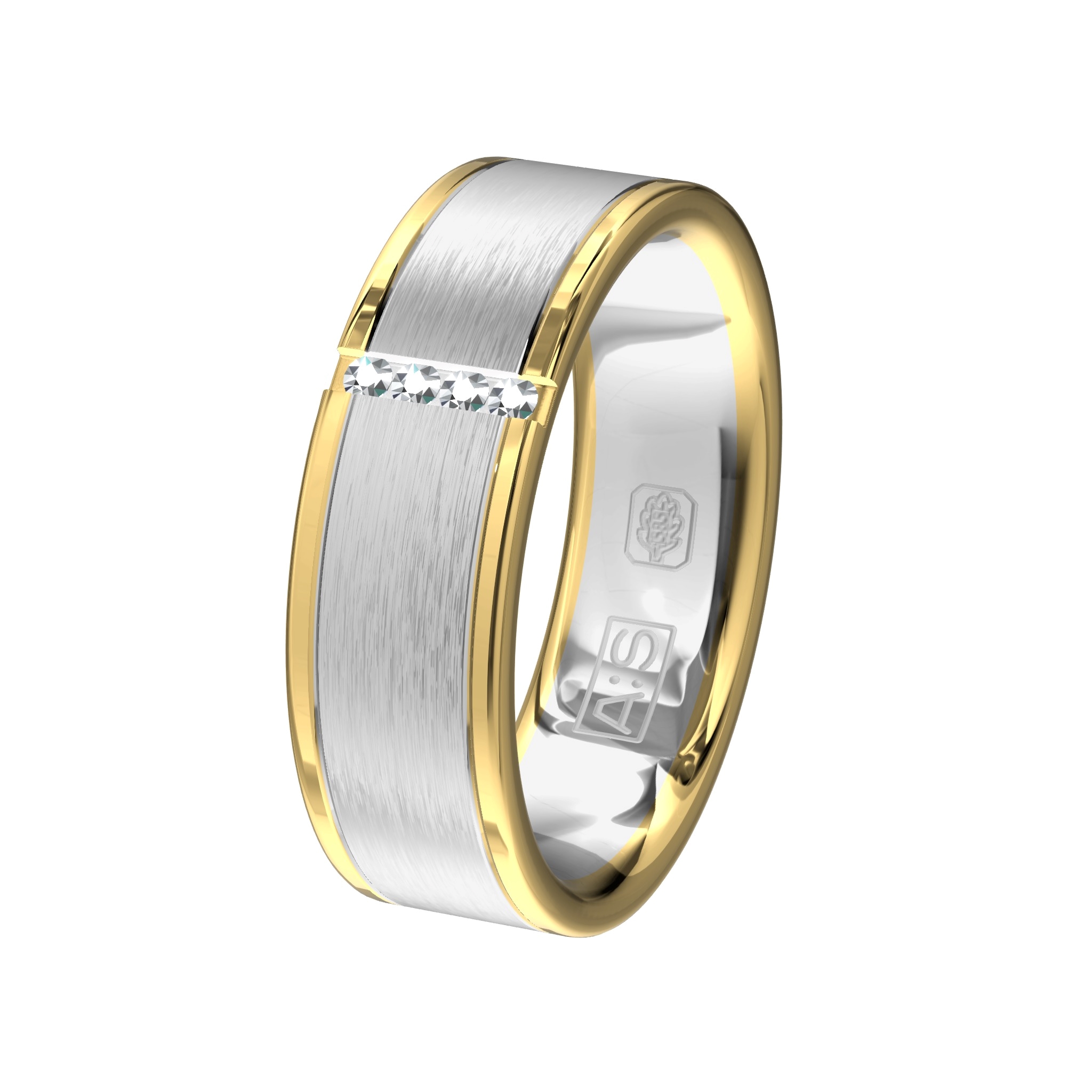 Liefde op het eerst gezicht, deze brede wit,- geel,- witgouden trouwring met 4 briljanten in de breedte gezet