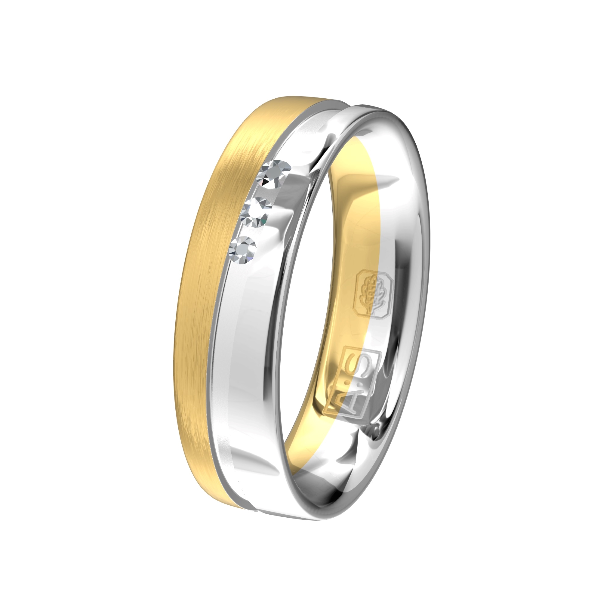 In deze schitterende ring versmelt een geelgouden baan met een witgouden baan.