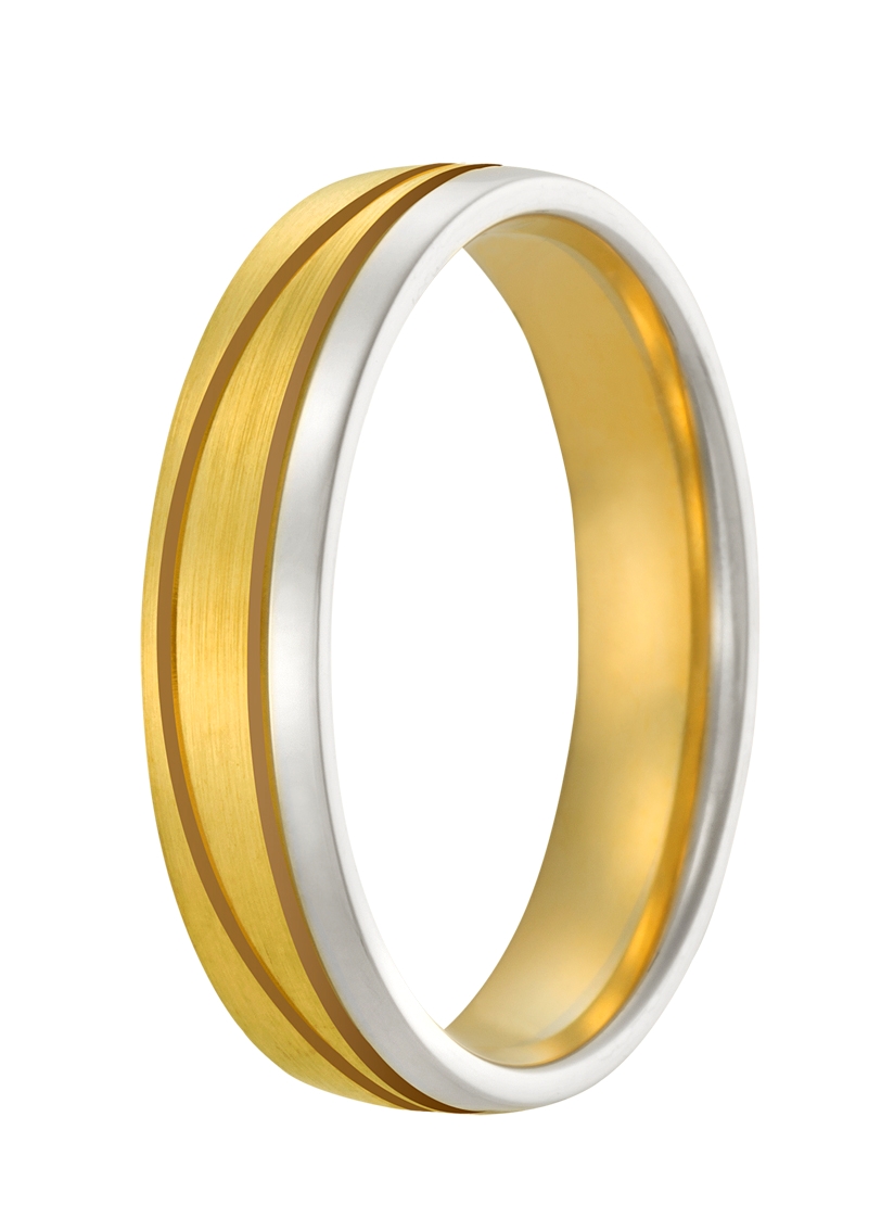 Een fantastische combinatie! Een glanzende witgouden baan accentueert de fraaie bewerking in het gematteerde geelgoud.