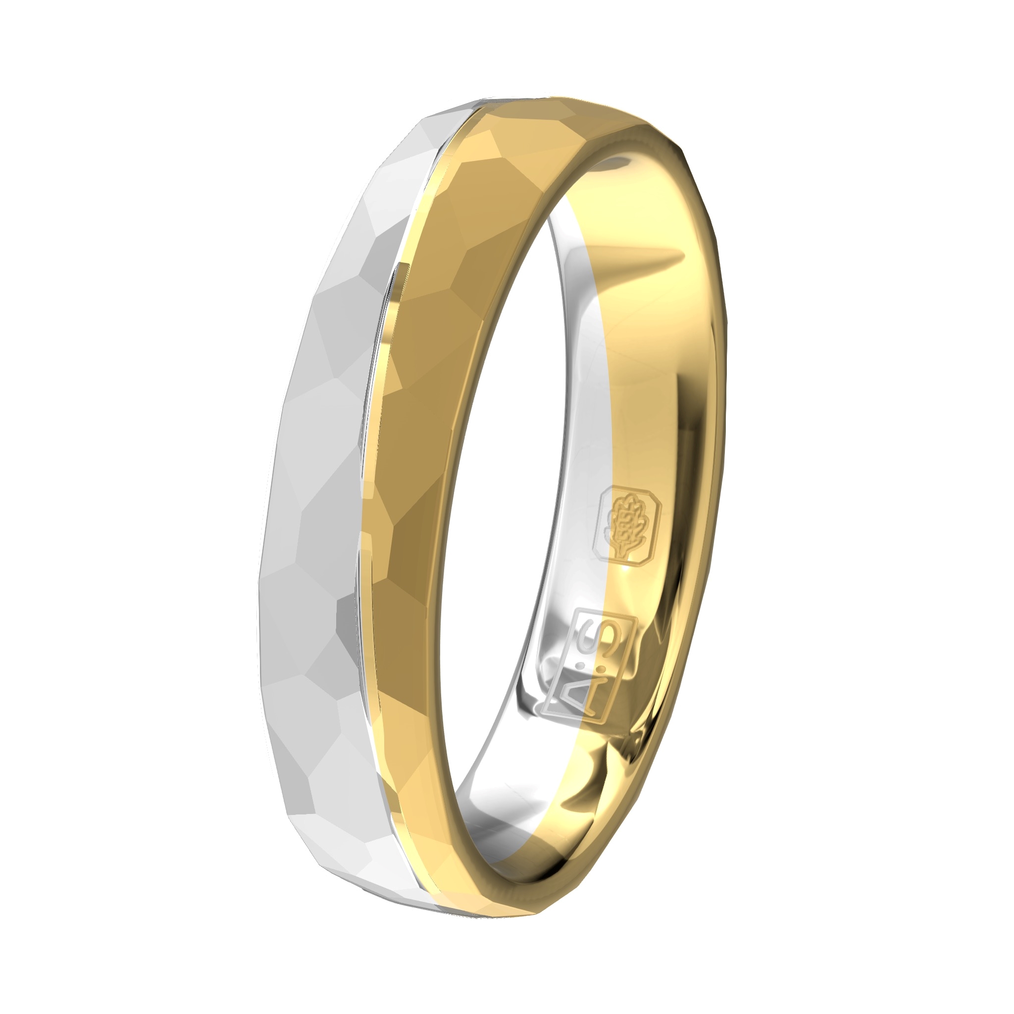 Deze unieke bicolor ring is door onze goudsmeden uitgevoerd met een bijzonder hamerslagmotief!