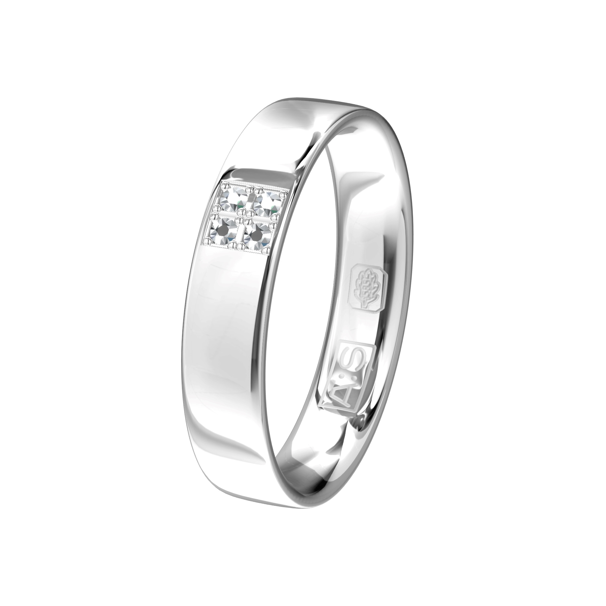 Deze klassieke witgouden ring is door onze diamantzetters heel subtiel voorzien van vier briljanten welke zijn gezet in een elegant vierkant.