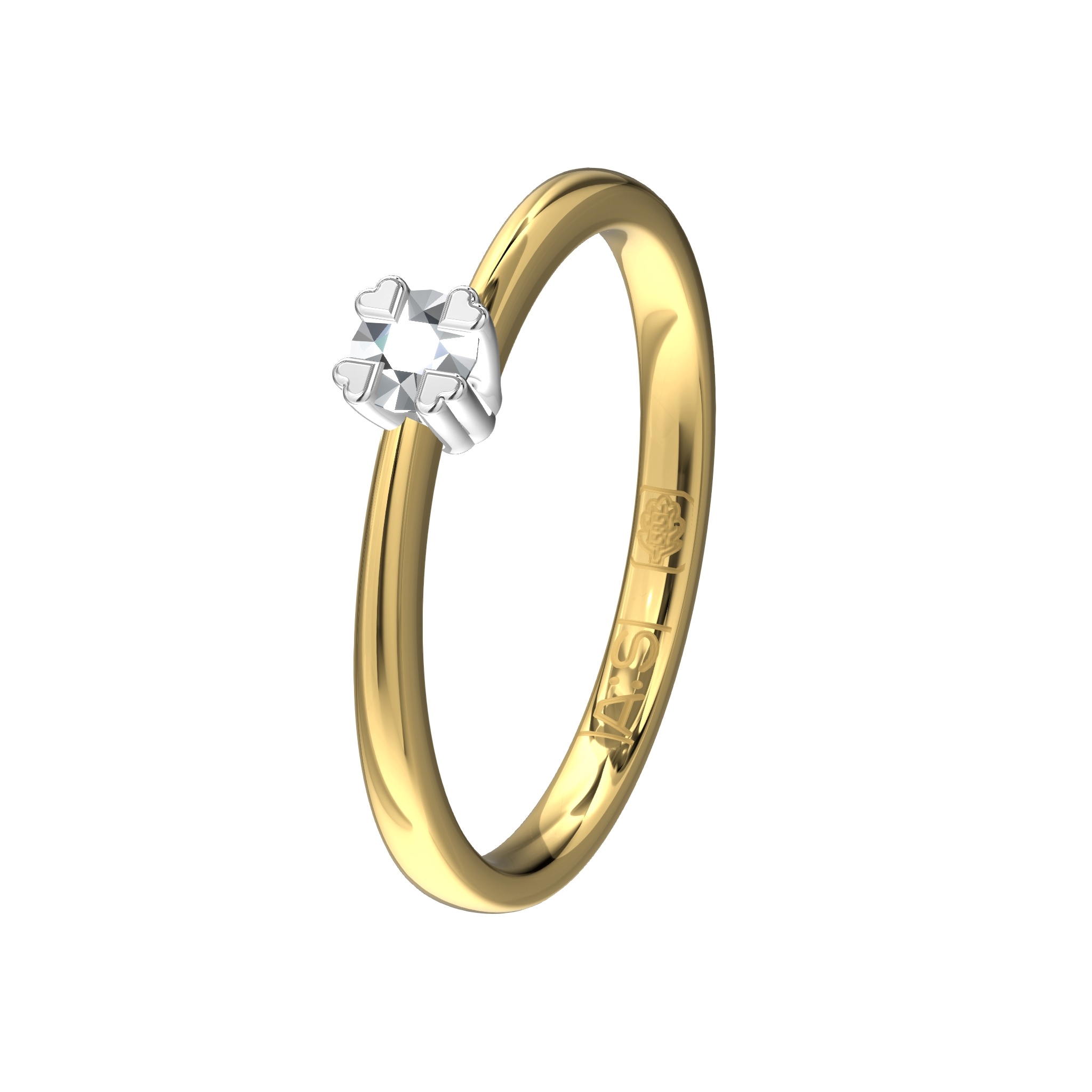 De unieke vormgeving van deze solitaire ring in combinatie met de vier hartvormige pootjes maken deze ring tot een waar sieraad welke door onze diamantzetters is voorzien van een 0,15 ct. briljant.
