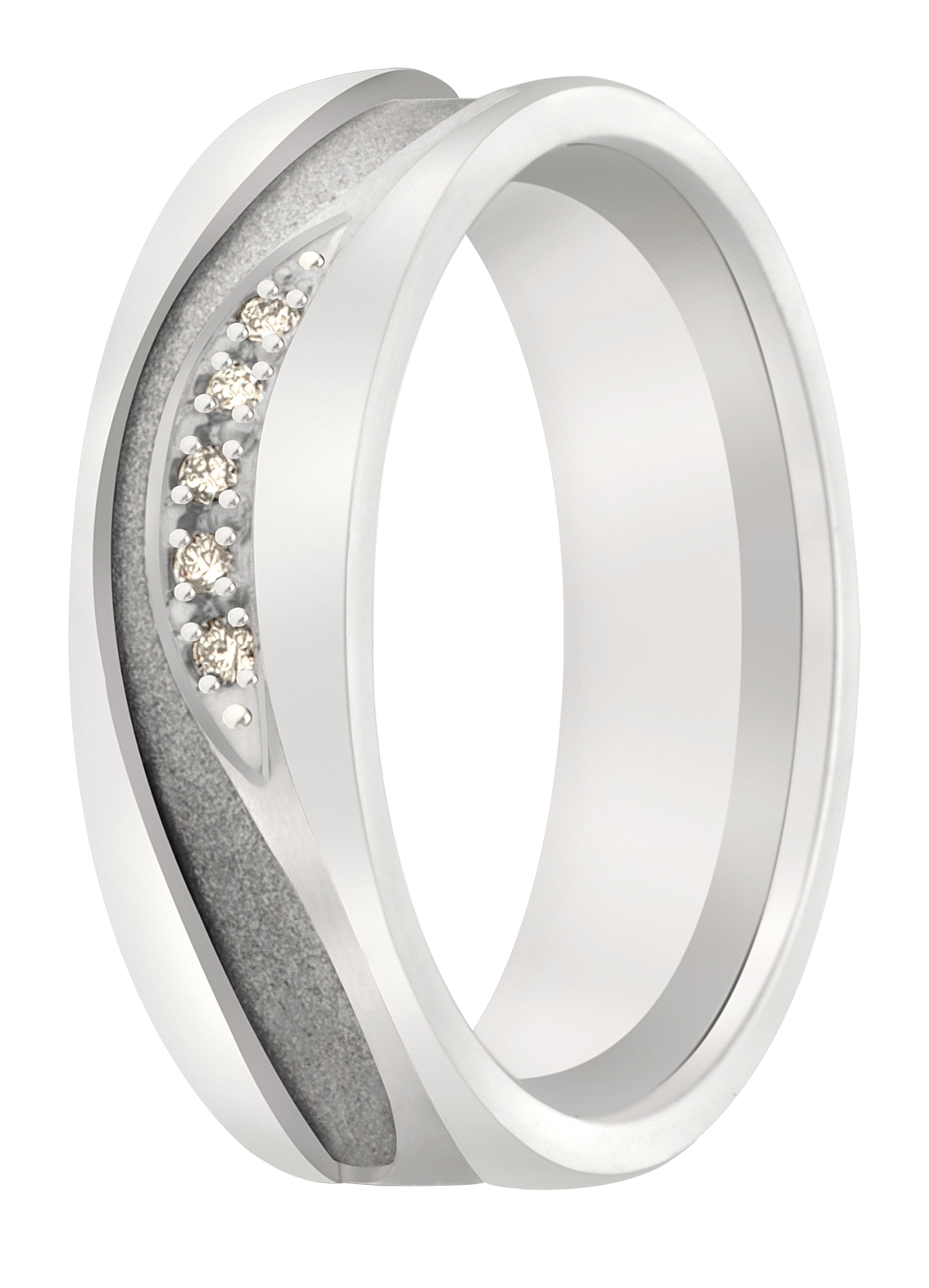 Door de unieke binnenbanen ontstaat speels hoogteverschil. Dit hoogteverschil wordt extra geaccentueerd in deze ring door de plaatsing van vijf briljanten.