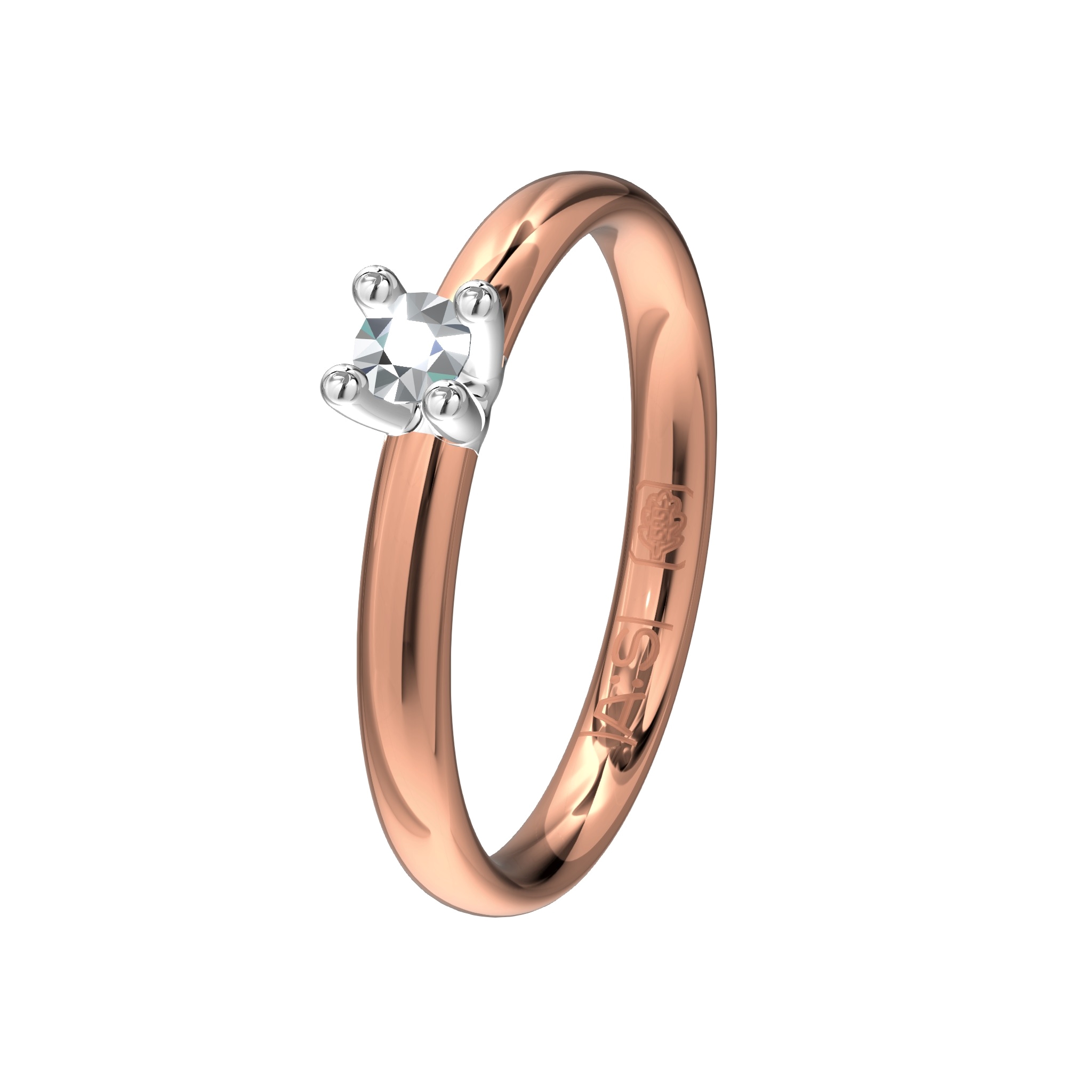 Een prachtige Solitaire ring met een hoog draagcomfort door de ronde binnenkant. Een rose- met witgouden ring en een briljant van 0,10 ct.
