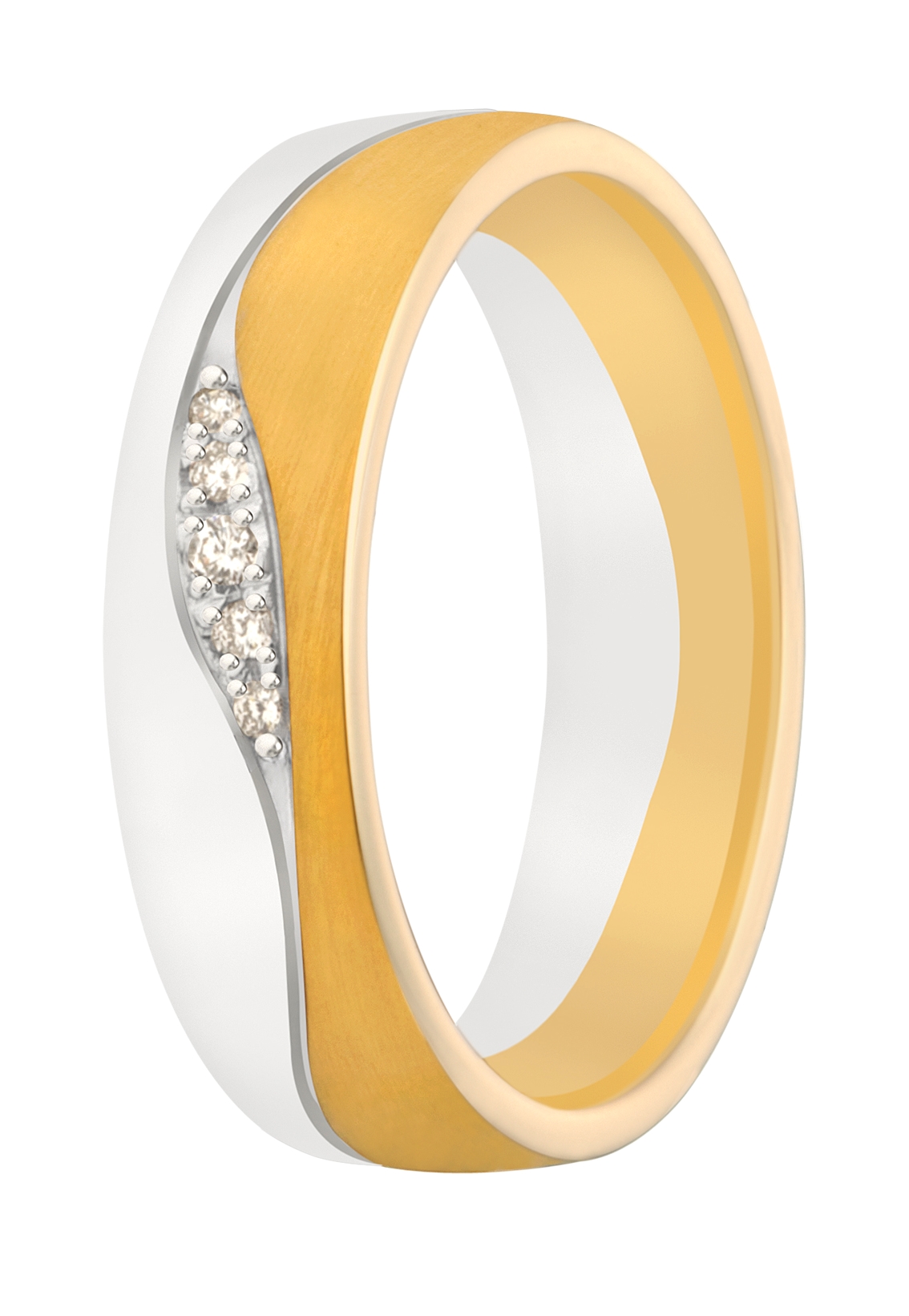 Bicolor ringenset met sierlijk lijnenspel. Op de damesring fonkelen vijf briljanten.