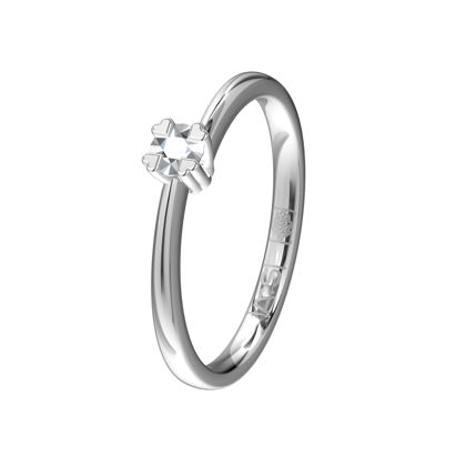 Een witgoud palladium Solitaire ring met een unieke vormgeving in combinatie met vier hartvormige pootjes maken deze ring tot een plaatje! Een ring met een 0,15 ct. briljant.