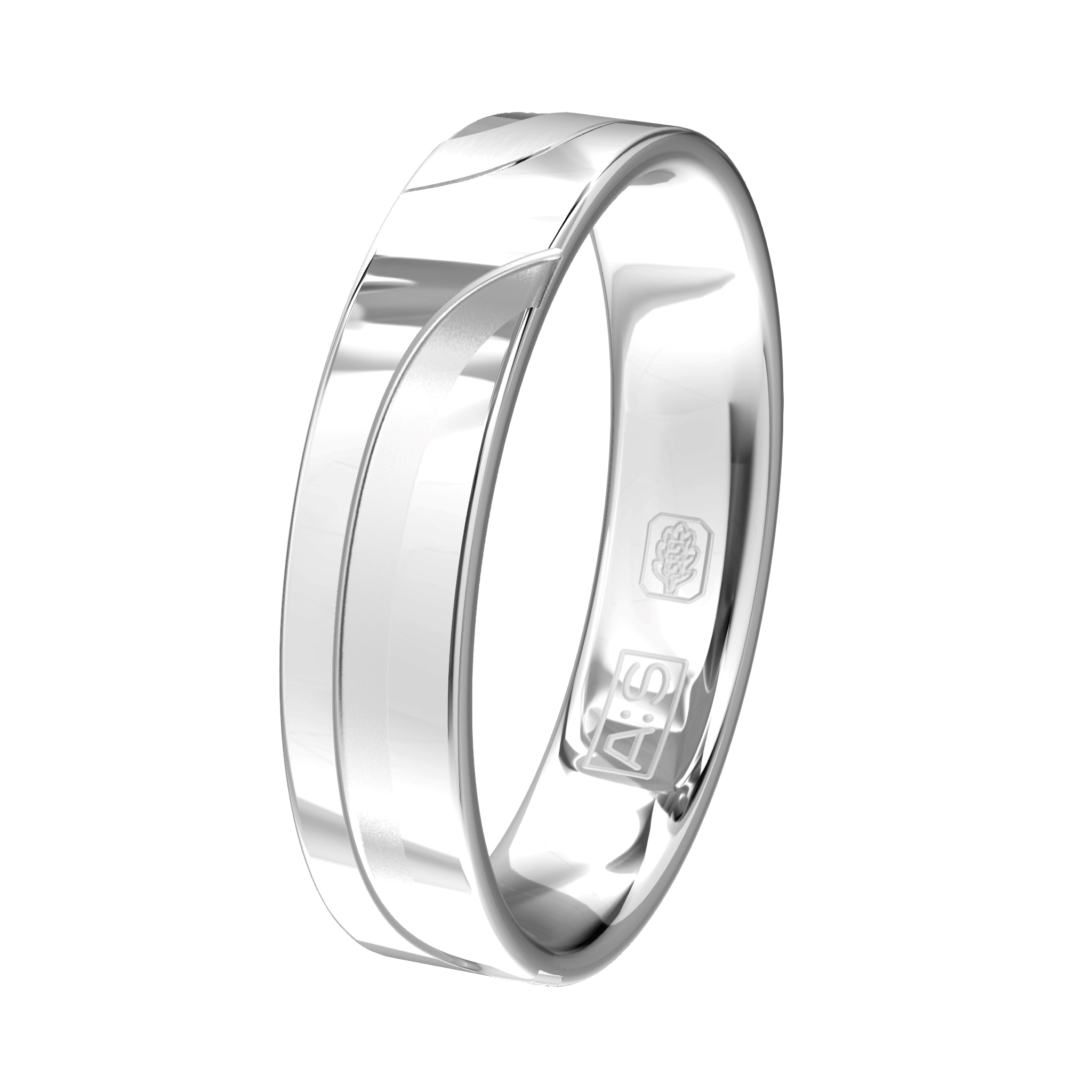 Een witgouden ring met een speels belijning,  de mattering geeft deze belijning een extra accent