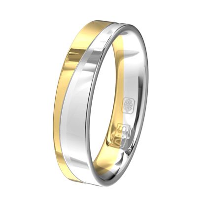 Prachtige bicolor ring met een fijne golf beweging tussen de kleuren wit en geel.