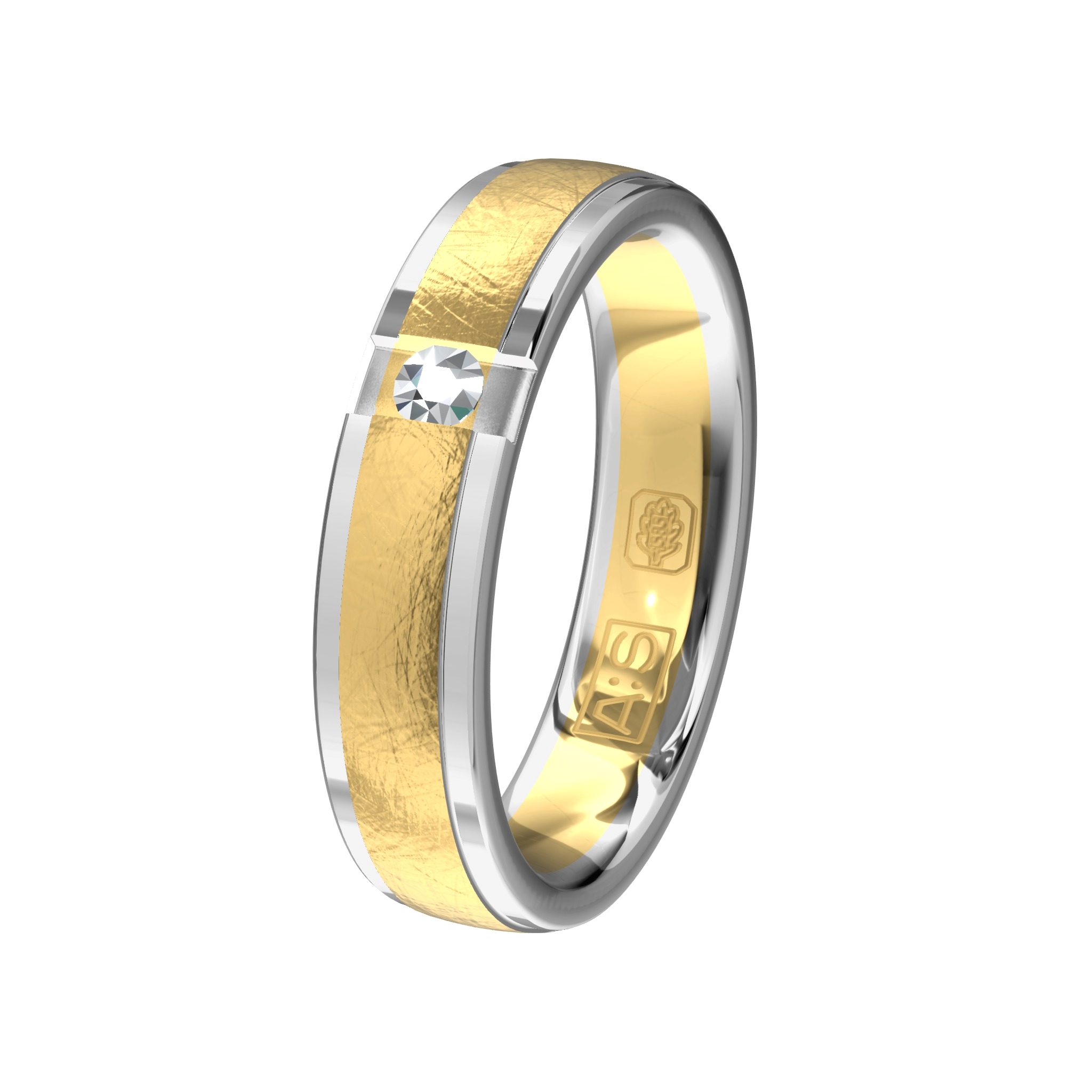 Deze ring is spannend door de afwisseling, glanzend en ijsmat, geelgoud en witgoud en een briljant in een stoere zetting