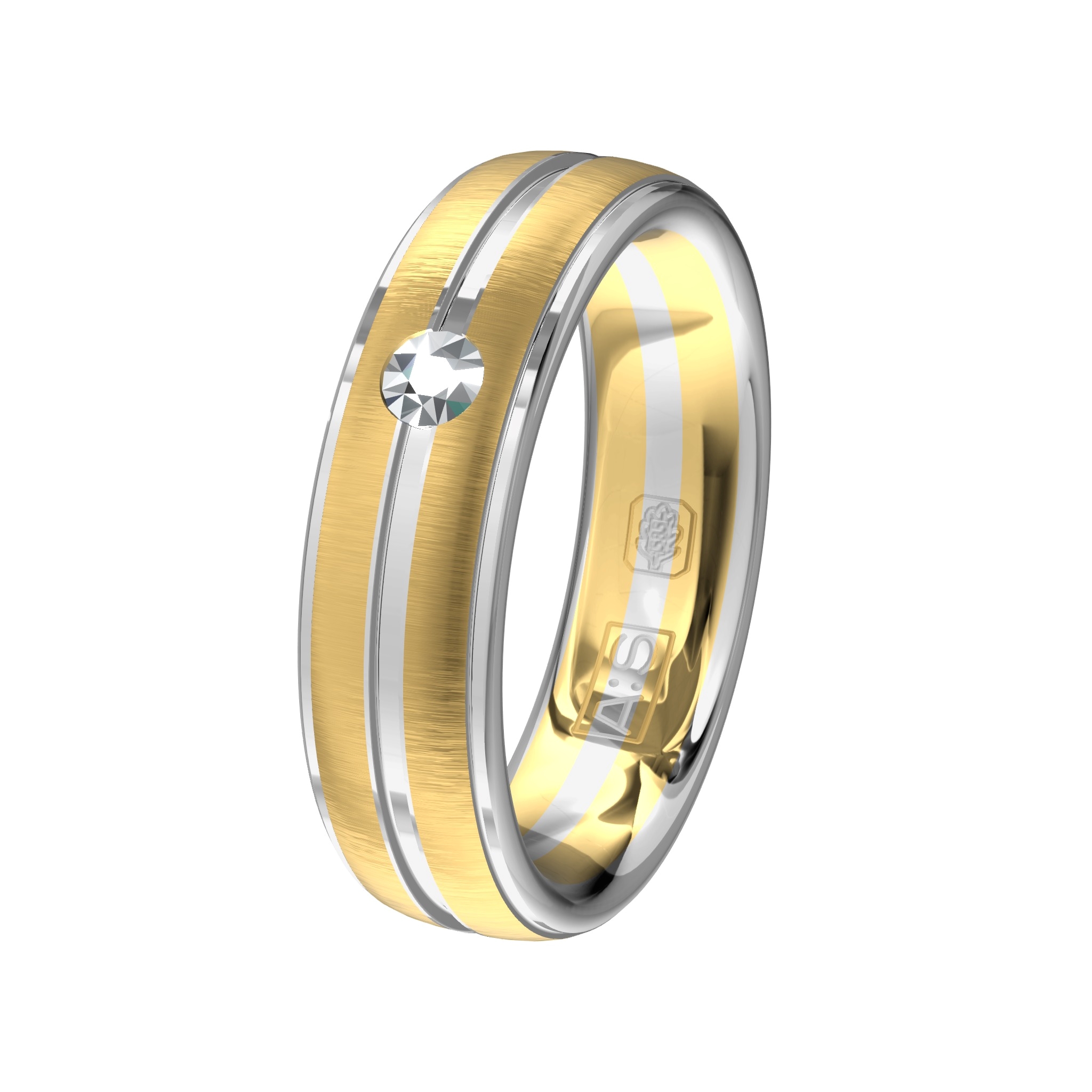 Klassieke bicolor ringen in een modern jasje. De damesring is door onze goudsmeden voorzien van een grote briljant. Tijdloos!