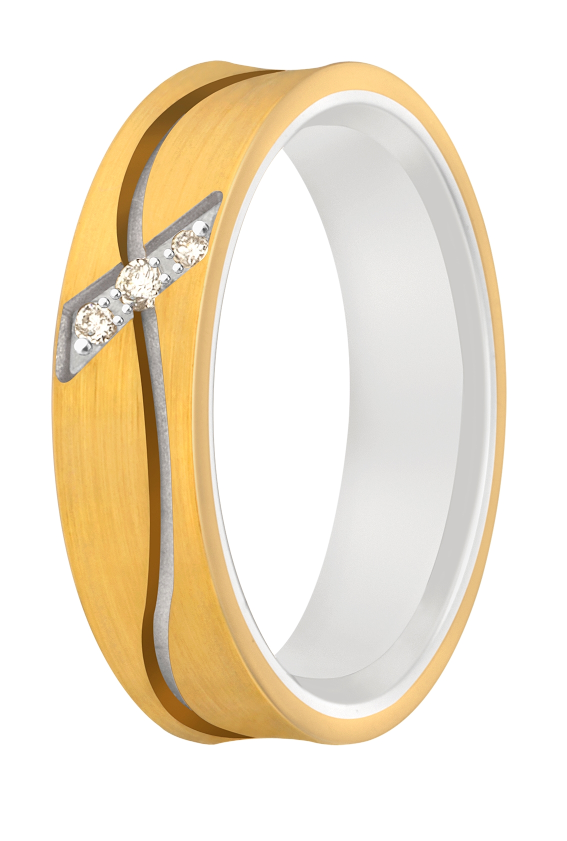 Een prachtig kleurenspel vormen deze binnenring van witgoud en buitenring van geelgoud. Door de bewerking in het geelgoud wordt het witgoud zichtbaar. In de ring hebben onze diamantzetters drie briljanten geplaatst.