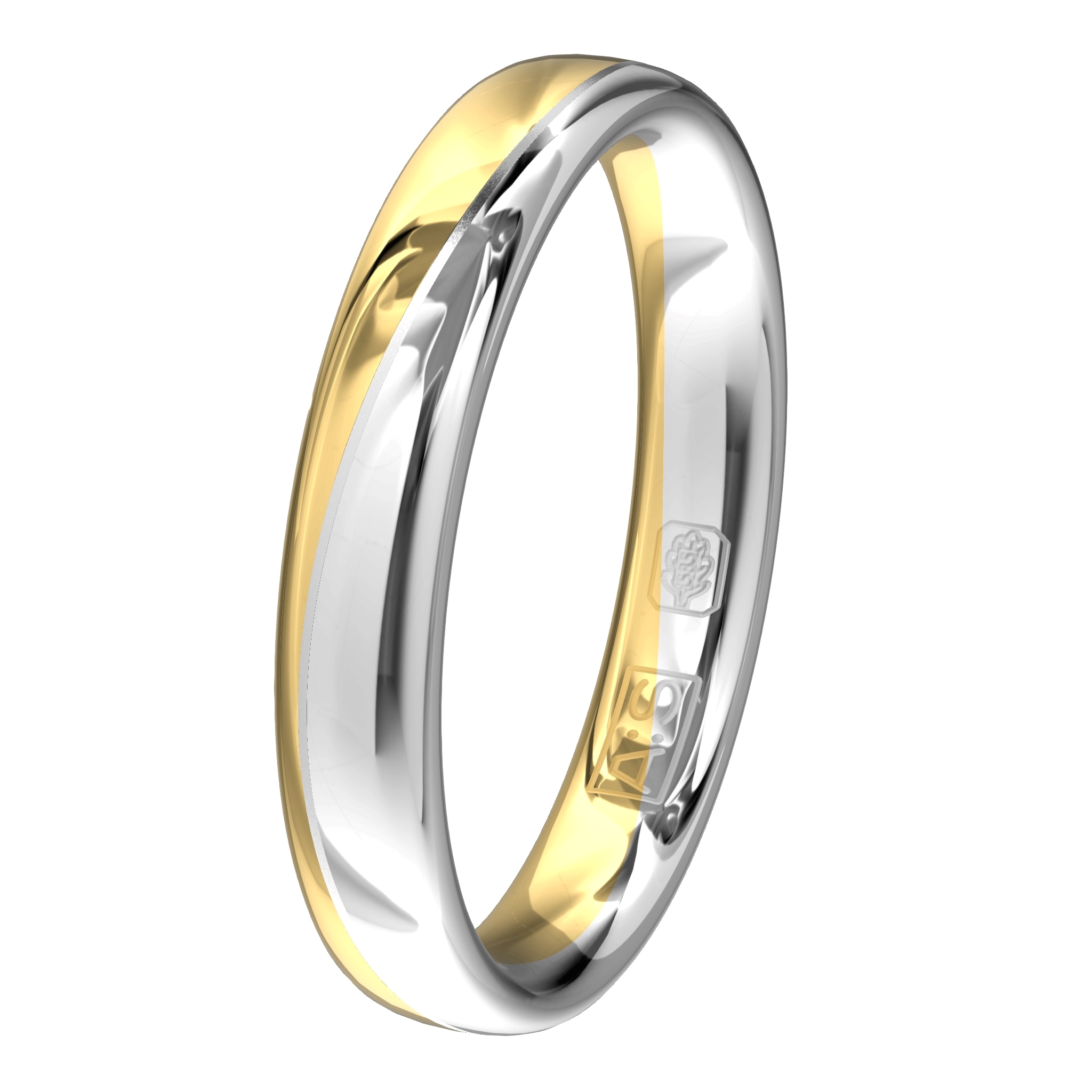 Een geelgouden ring, waarvan de verlaging in de ring zorgt van een speels effect.