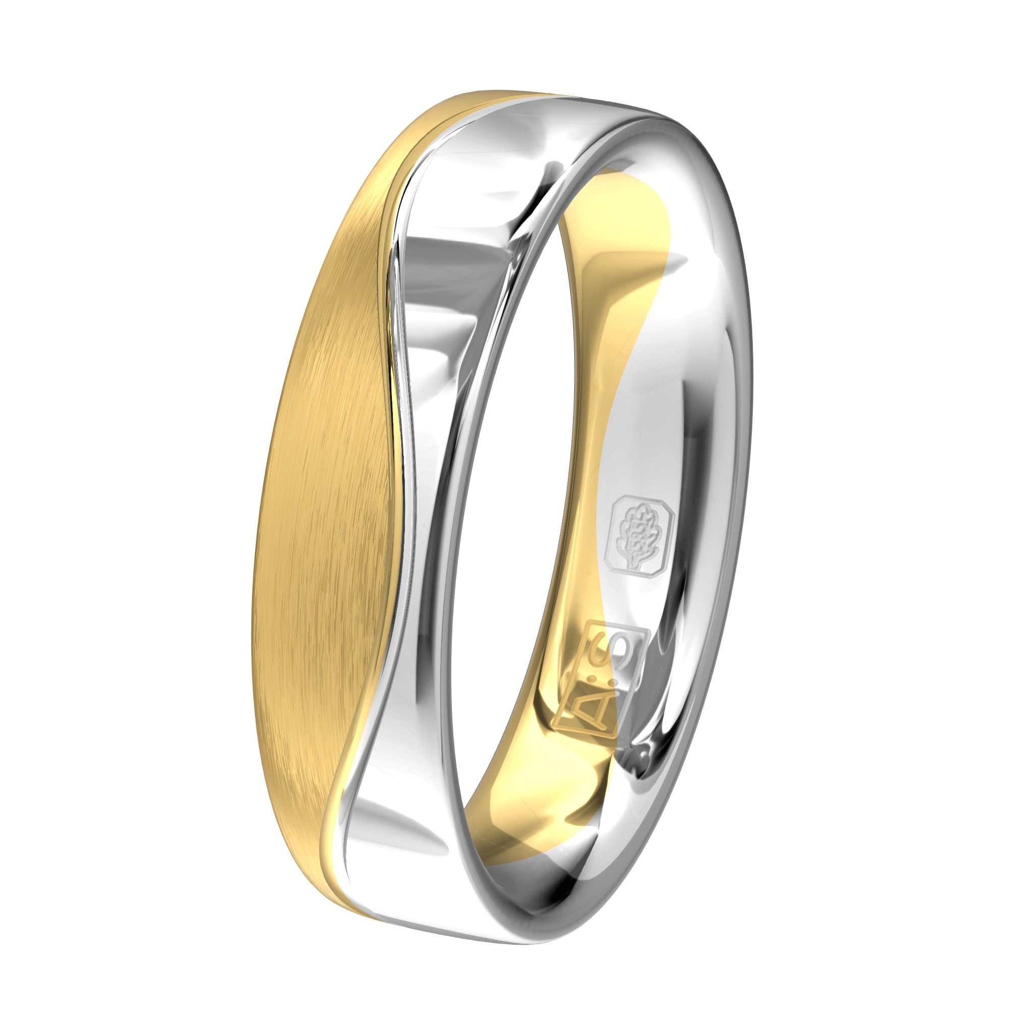 Een mooie combinatie van glanzend witgoud en gematteerd geelgoud met hierin een unieke zetting waarin door onze diamantzetters zeven briljanten zijn gezet.