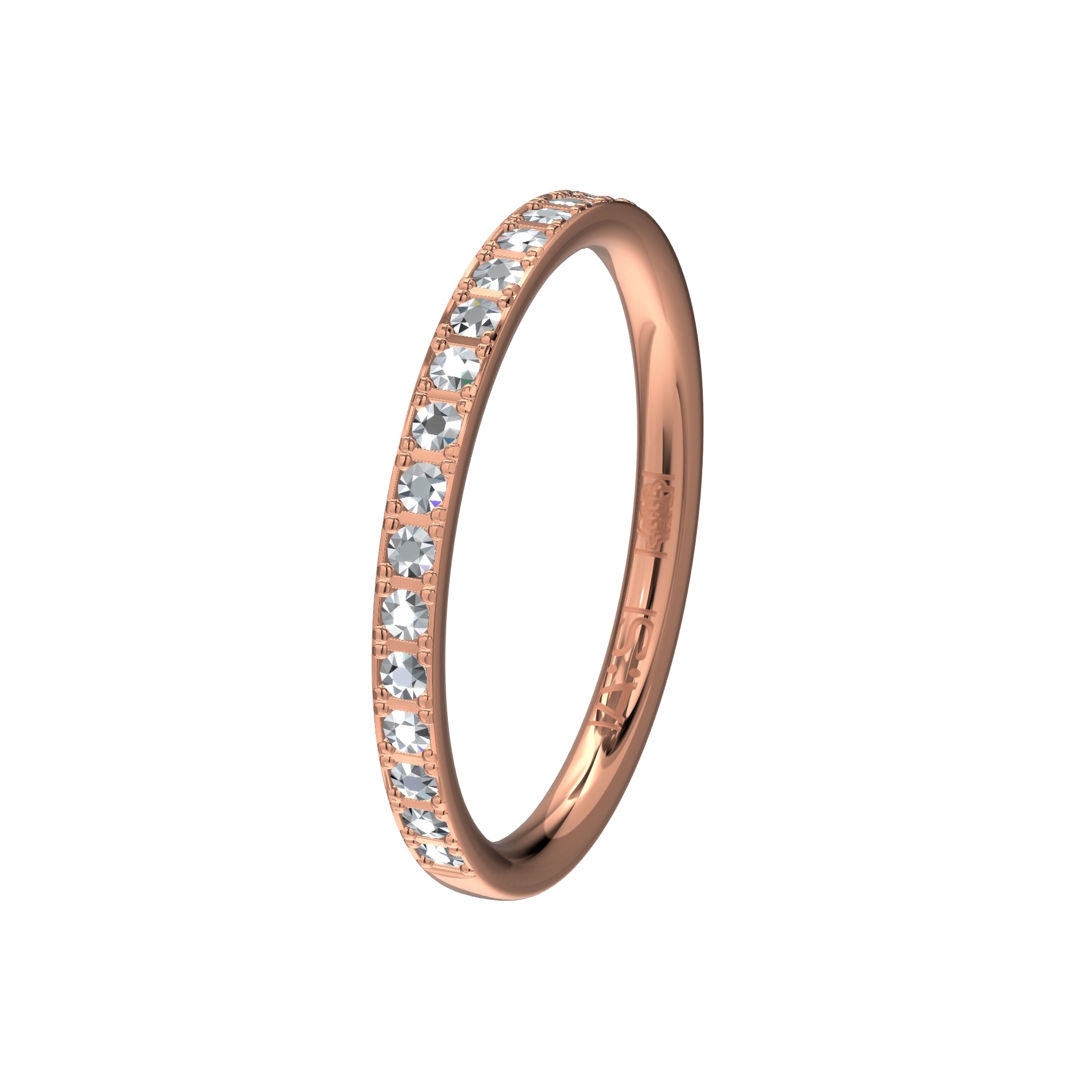 Deze elegante rosegouden aanschuifring is halfvolgezet met briljanten en vormt een perfecte combinatie met bijvoorbeeld een witgoudpalladium Memoirering.