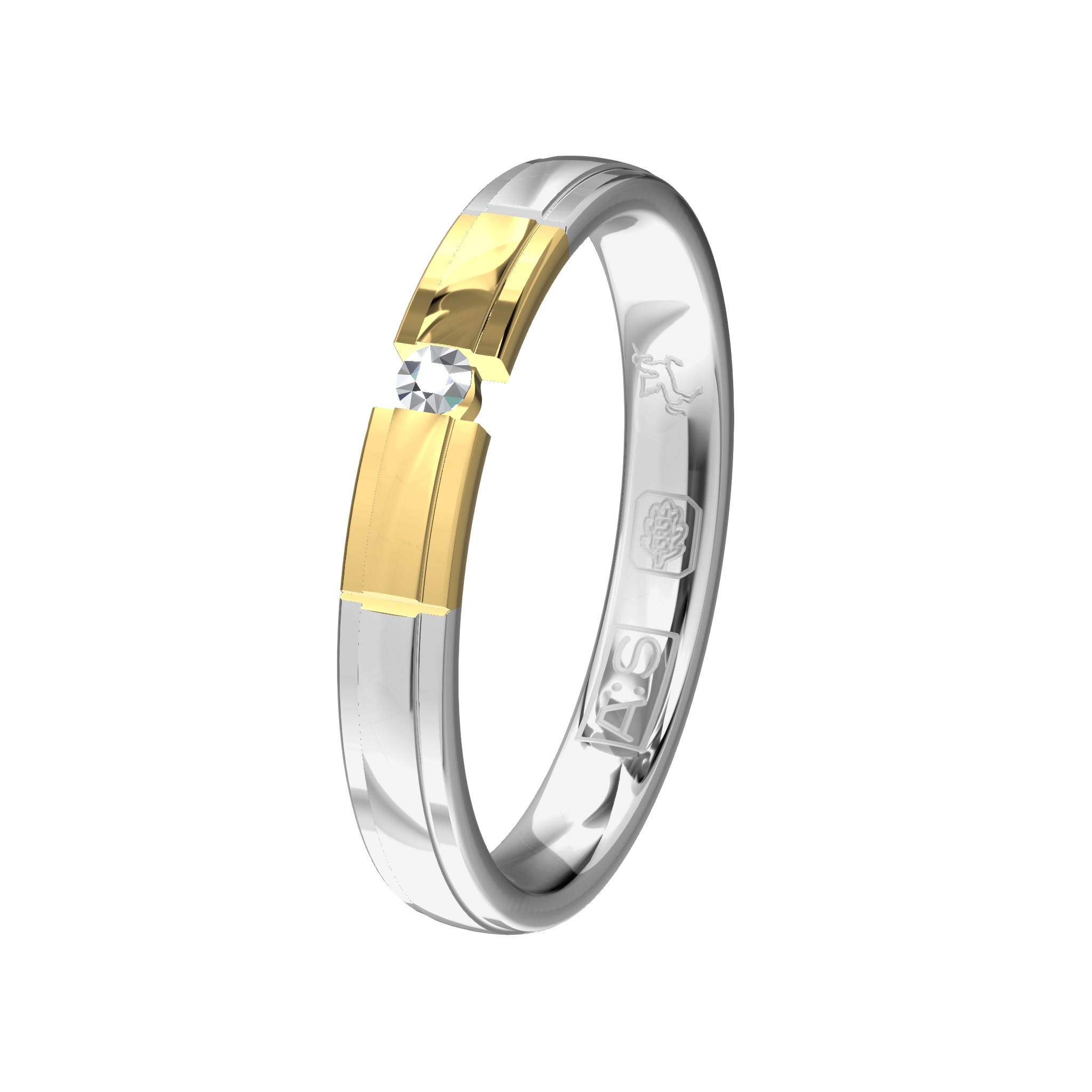 Het glanzende Argentium heeft twee verlaagde banen wat zorgt voor een bijzondere uitstraling. Voor het stukje geelgoud geldt hetzelfde. De briljant lijkt ertussen te zweven.