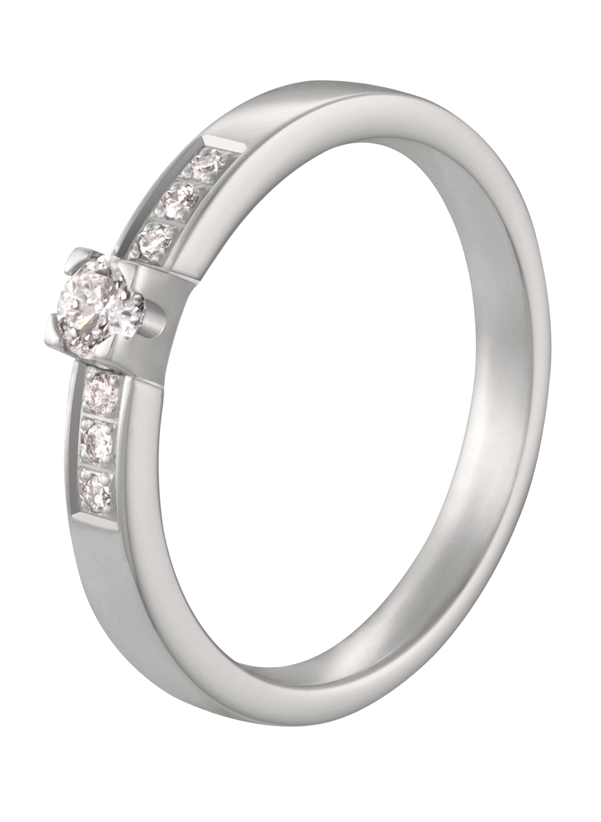 Deze chique witgouden solitaire ring is door onze diamantzetters voorzien van een grote briljant en deze wordt aangevuld met drie kleinere briljanten.