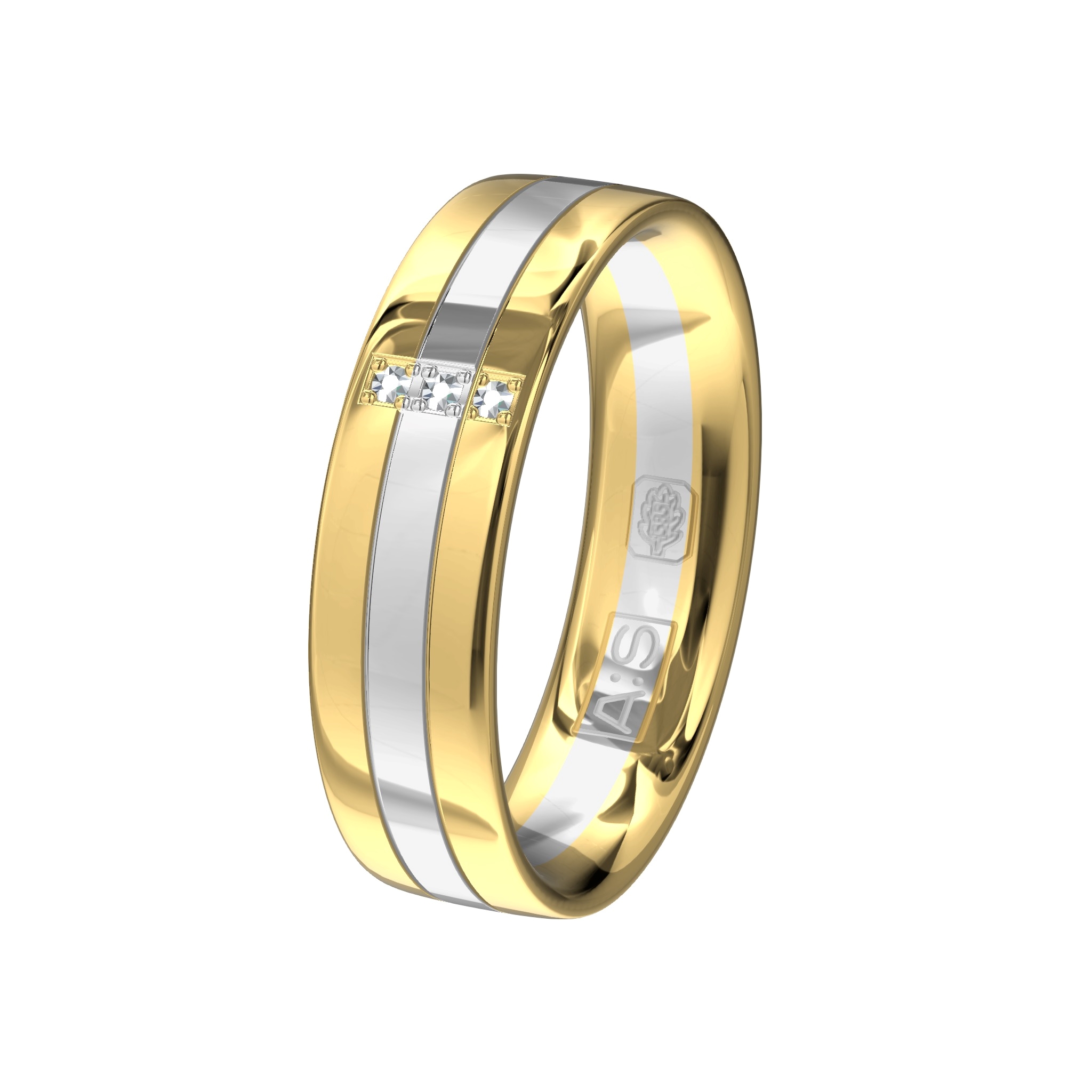 Een kunstig lijnenspel van geelgoud met witgoud met hierin drie schitterende briljanten!