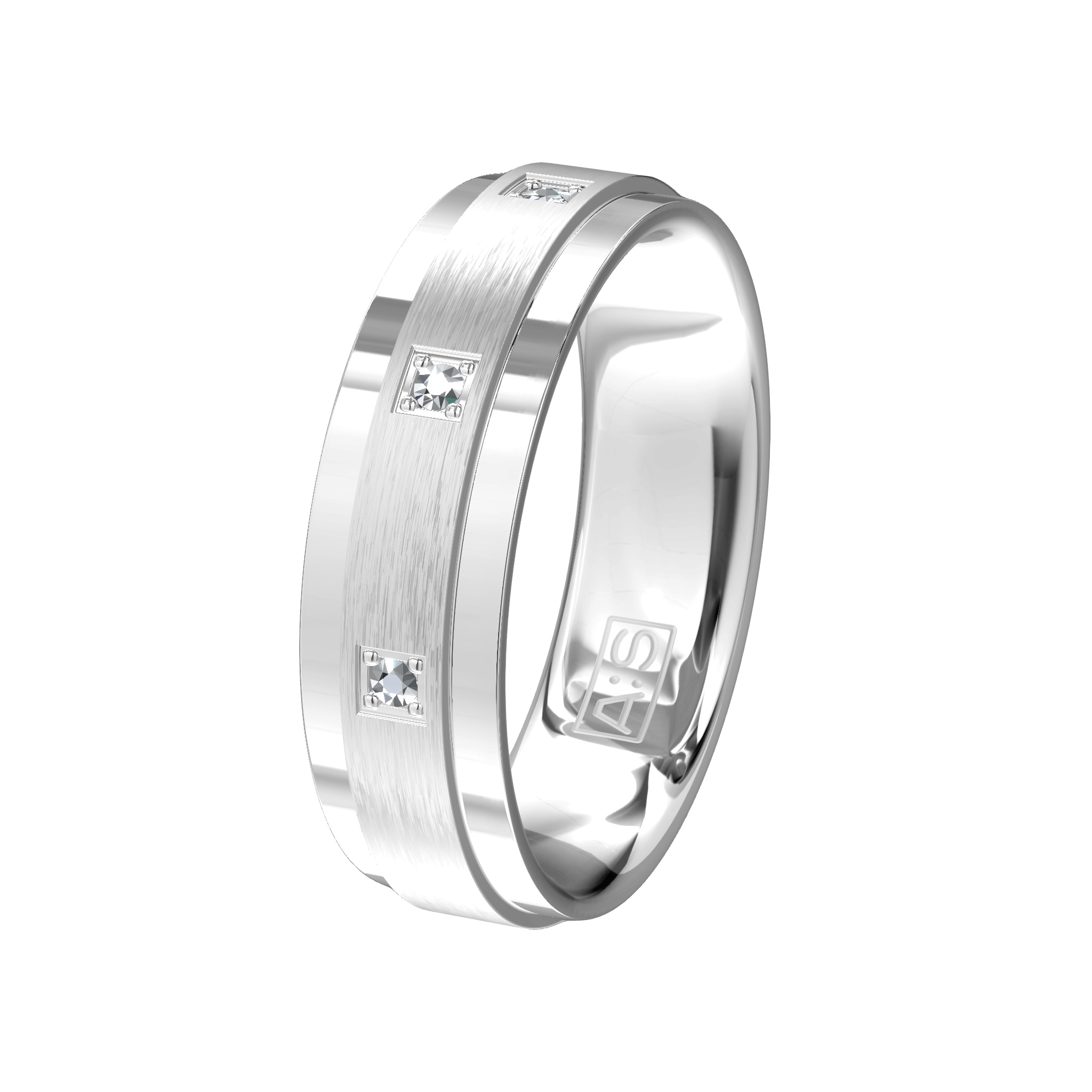 Een strakke vormgeving wordt geaccentueerd door de combinatie van glans en mat. De damesring wordt uitgevoerd met 3 briljanten. Deze ringen worden beide gemaakt in zilver.