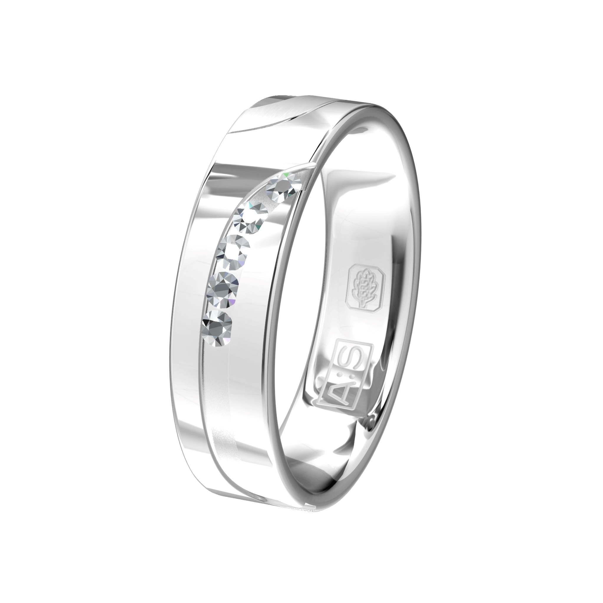 Een witgouden ring met een speelse belijning, ook de 5 briljanten volgen deze belijning