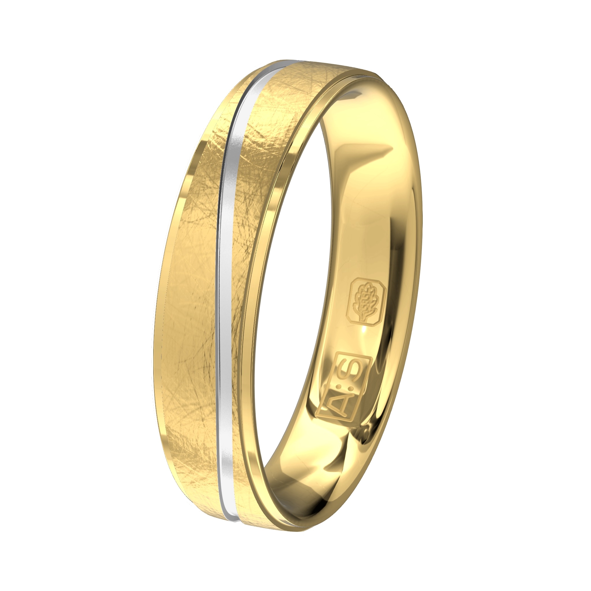 Een ring met een ijsmatte look waarin een glanzende gerhodineerde baan is gemaakt. Hierin zijn door onze diamantzetters vijf briljanten geplaatst.