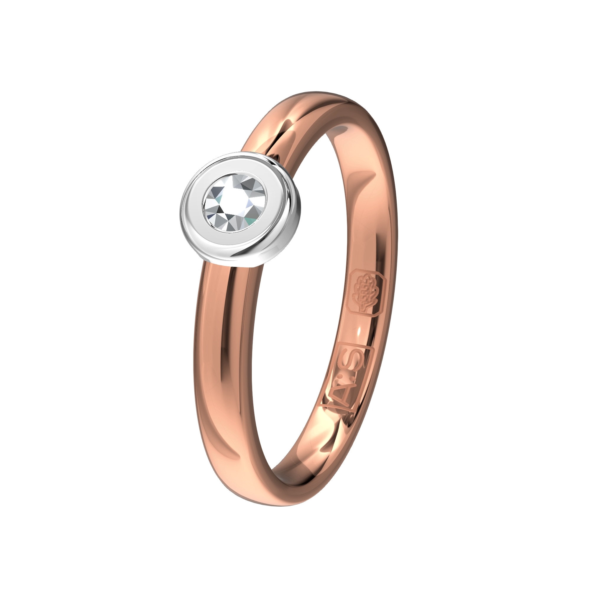 Een schitterende rosegouden solitair ring met witgouden schotelzetting waarin onze diamantzetters een briljant hebben geplaatst van 0,12 ct.