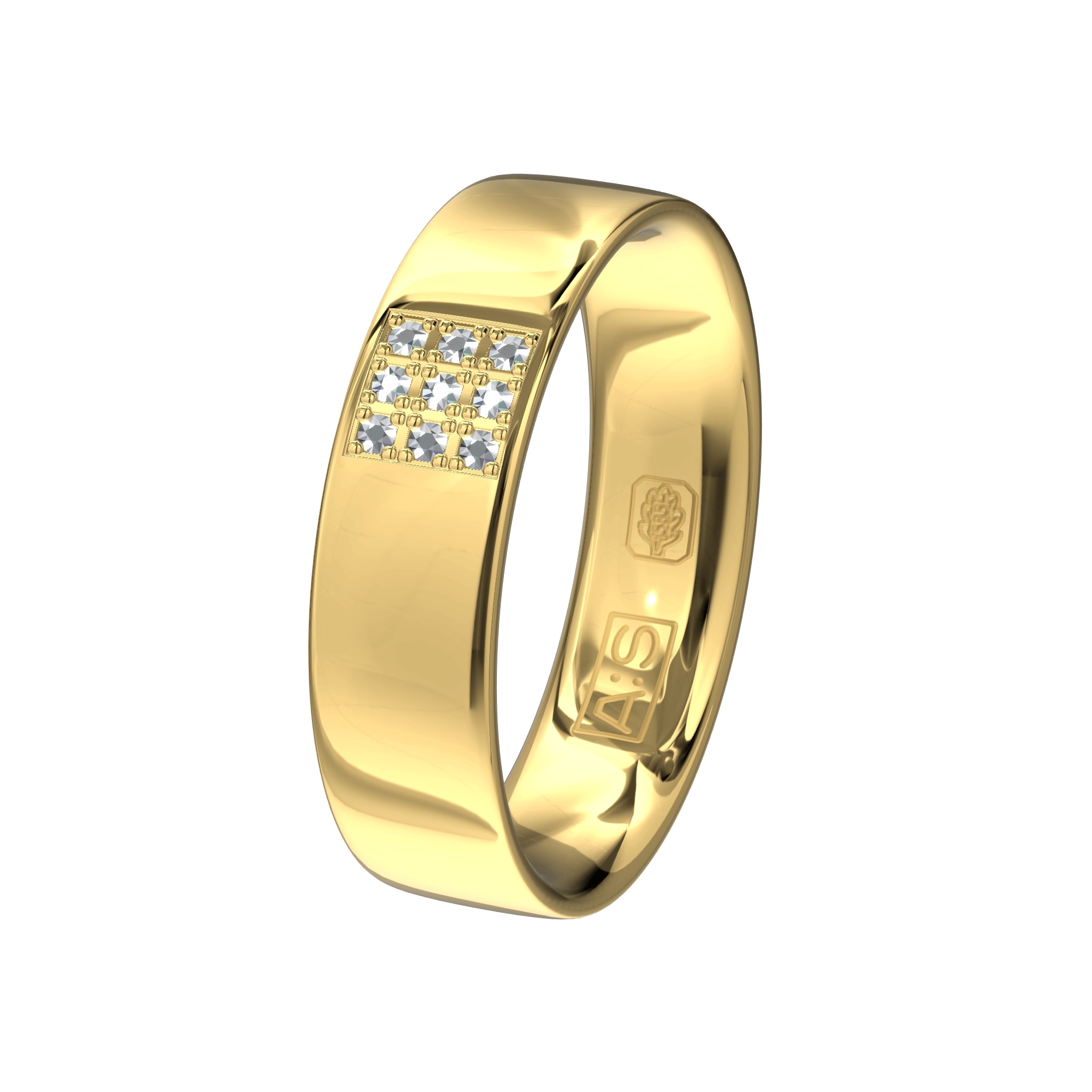 Deze klassieke geelgouden schoonheid is door onze diamantzetters voorzien van negen briljanten. Deze zijn in een elegant vierkant geplaatst.